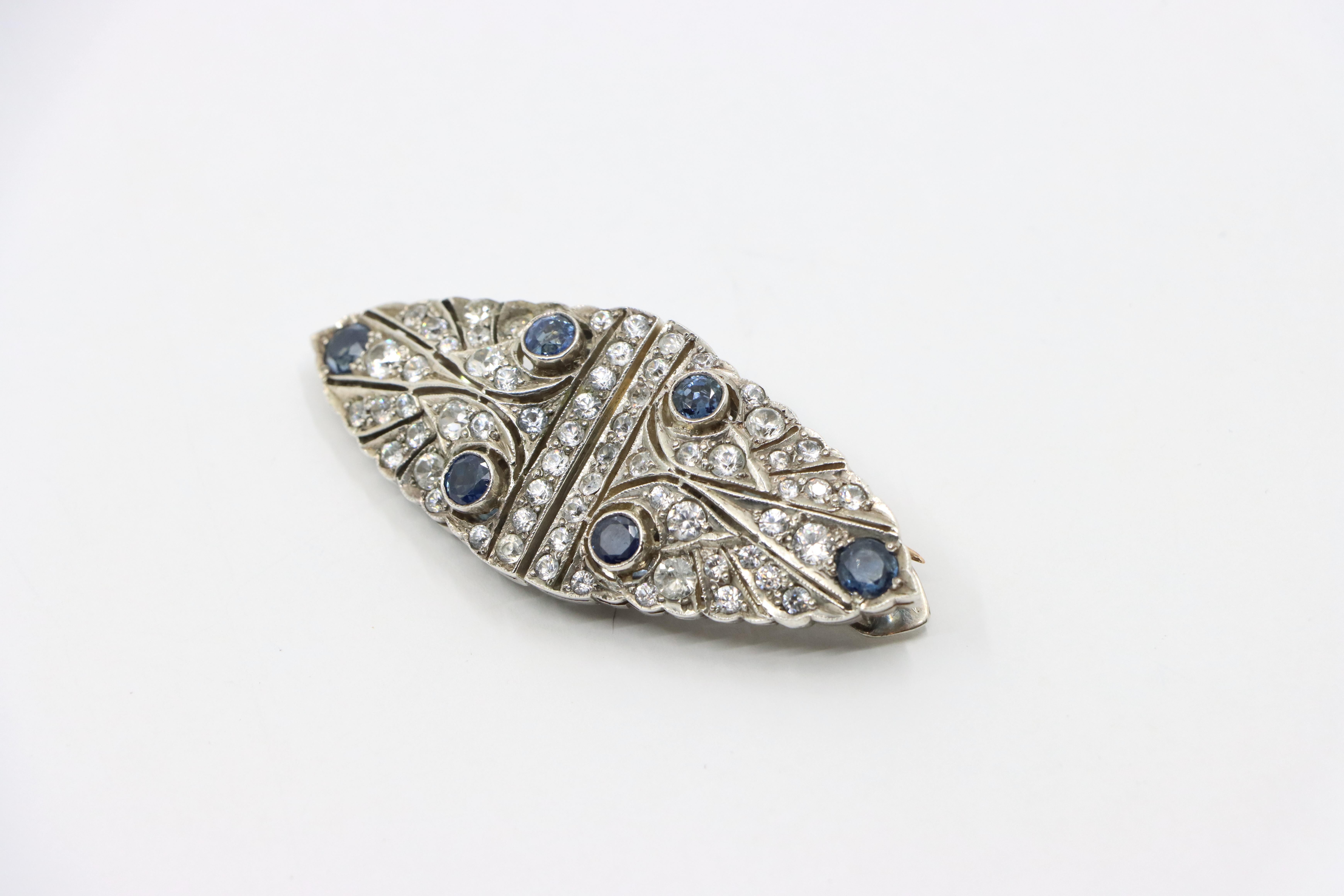 14K Gold & Sterling Blue White Sapphire Clips Brooch For Sale 3