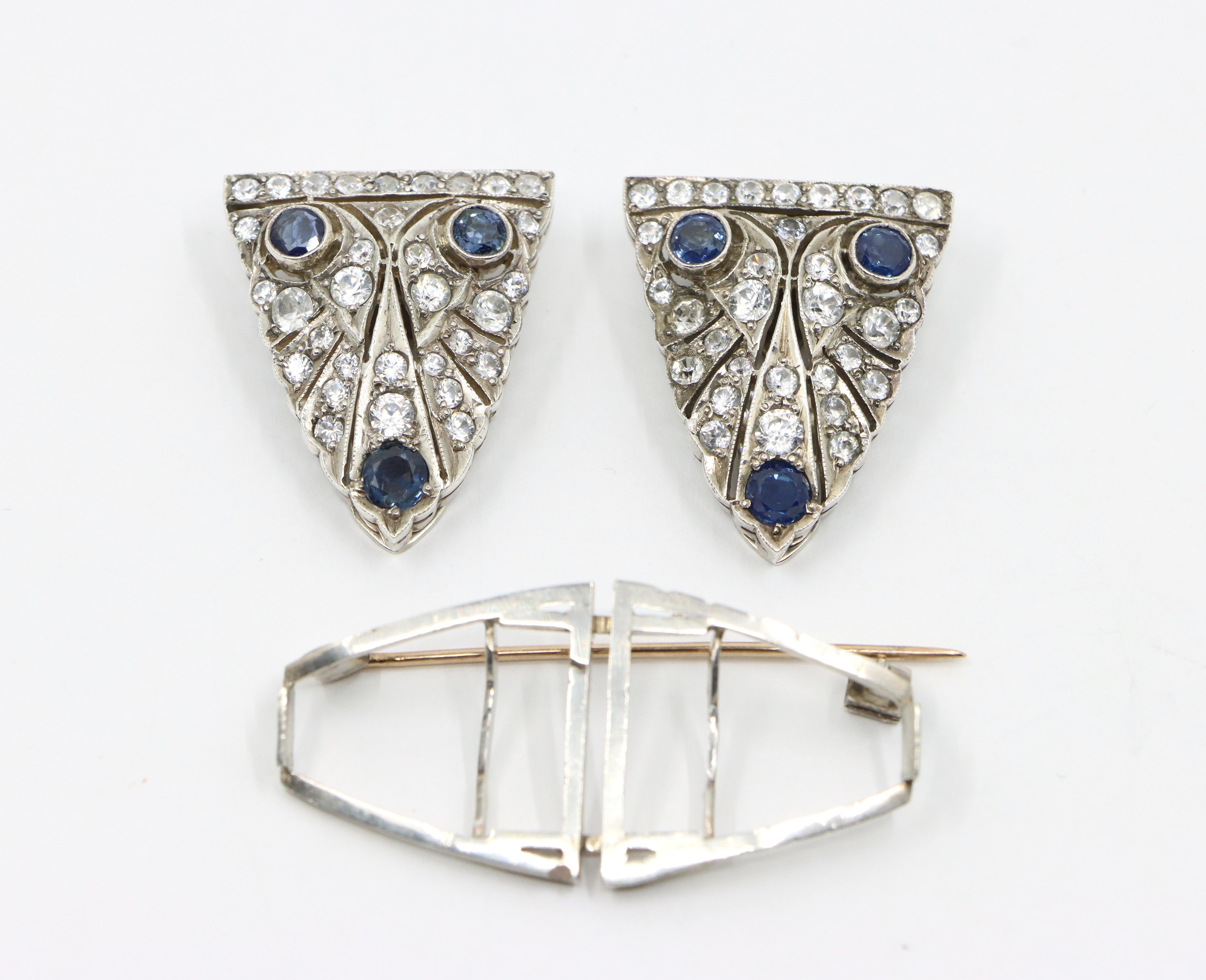 14K Gold & Sterling Blue White Sapphire Clips Brooch For Sale 4