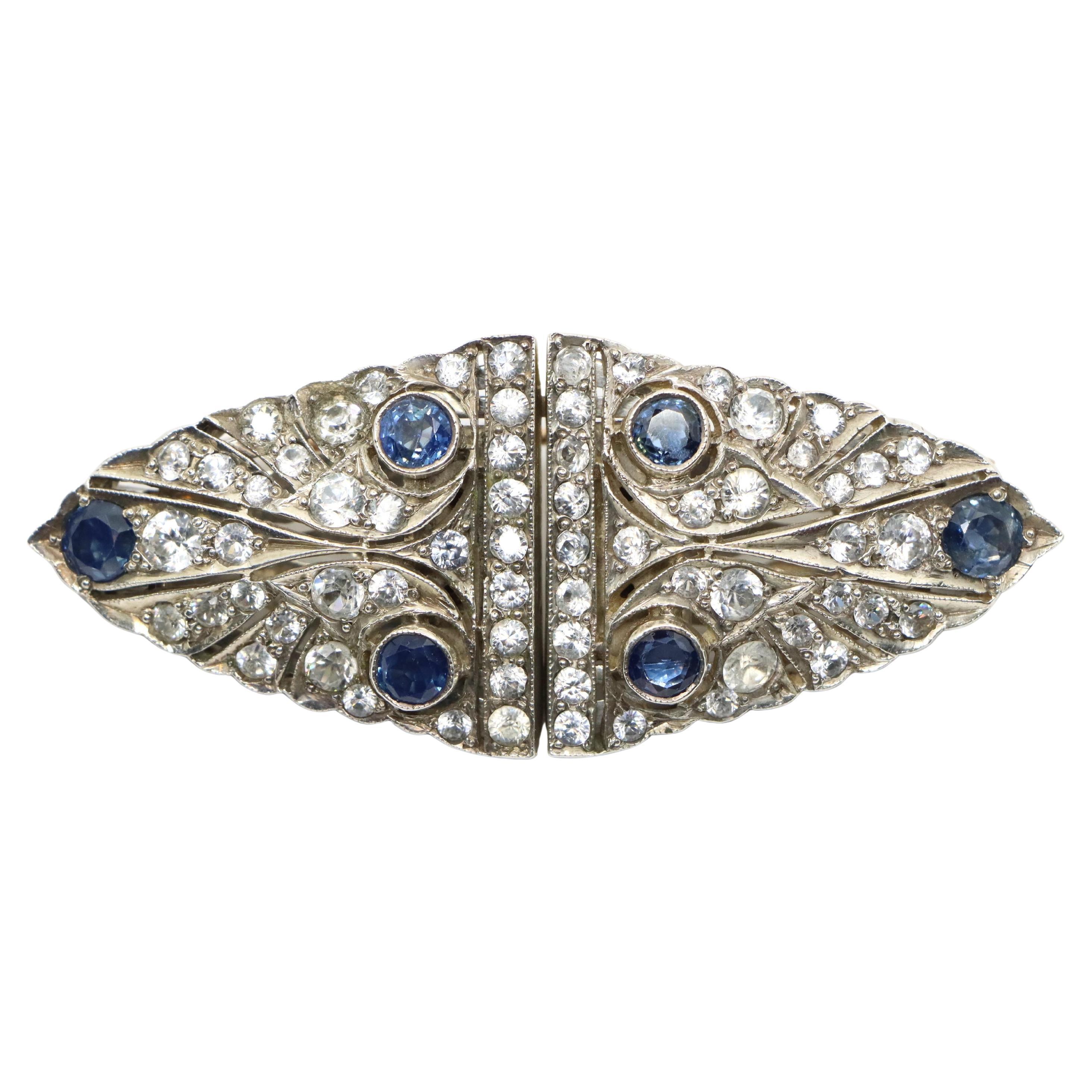 14K Gold & Sterling Blue White Sapphire Clips Brooch