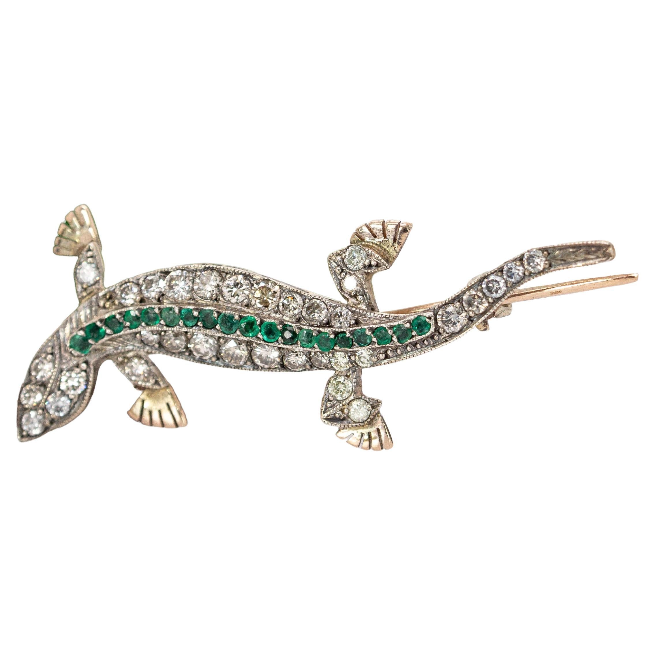 14K Gold & Sterling Silver Lizard Brooch with Natural Diamonds and Emeralds
