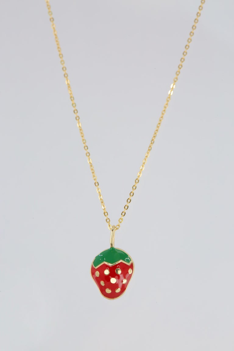 14K Gold Strawberry Necklace, Enamel Fruit Necklace For Sale at