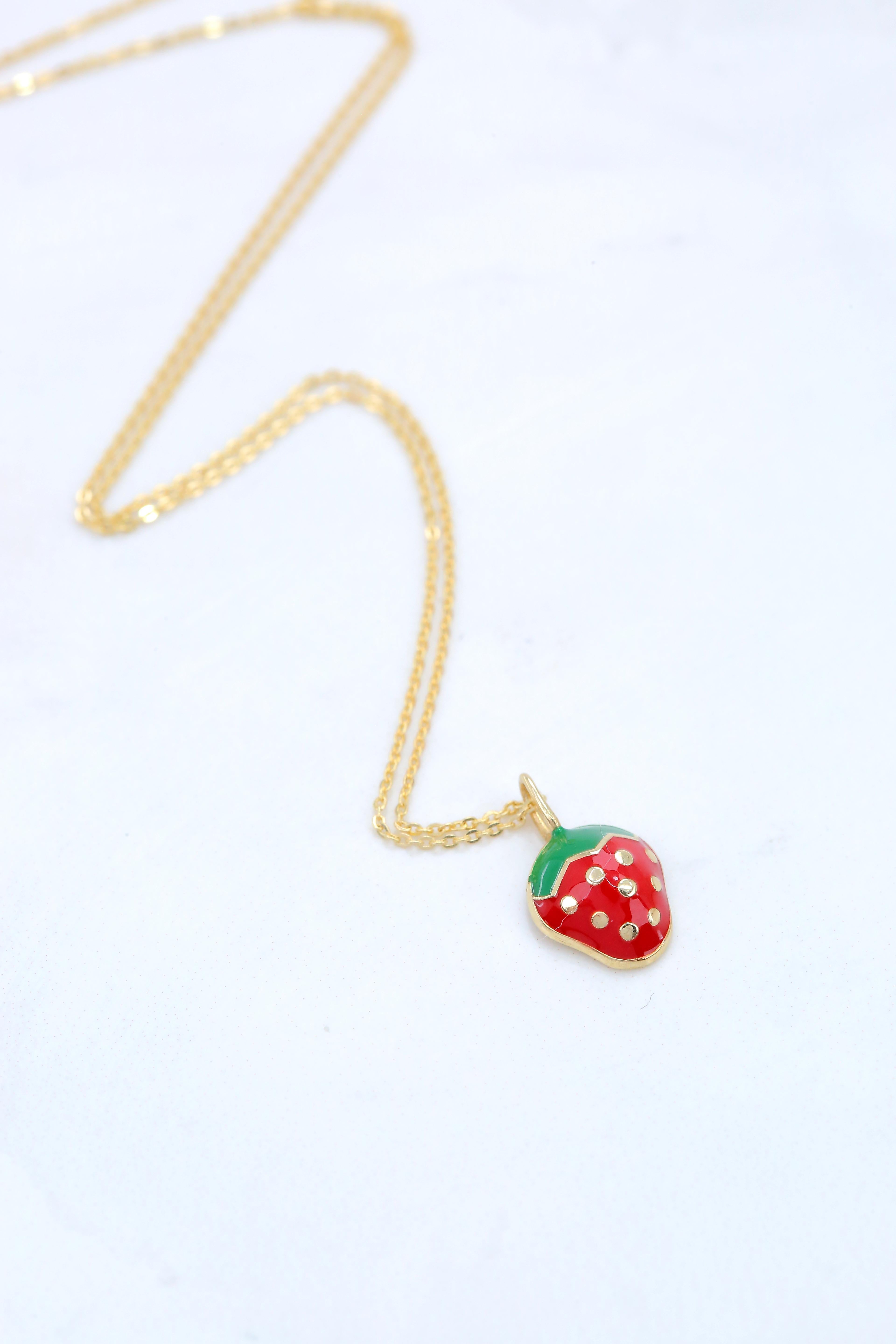 Modern 14K Gold Strawberry Necklace, Enamel Fruit Necklace For Sale