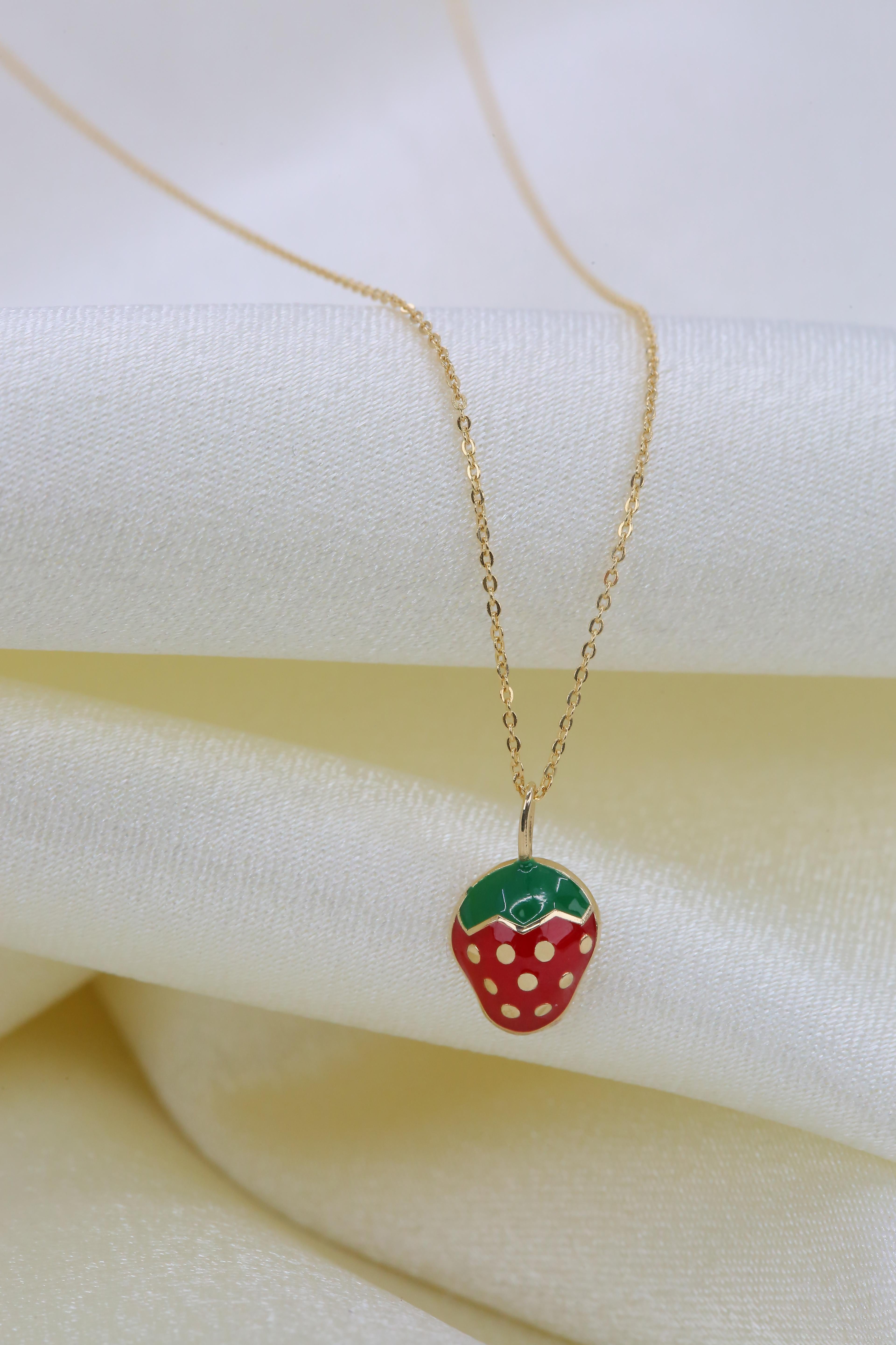 14K Gold Strawberry Necklace, Enamel Fruit Necklace For Sale 1