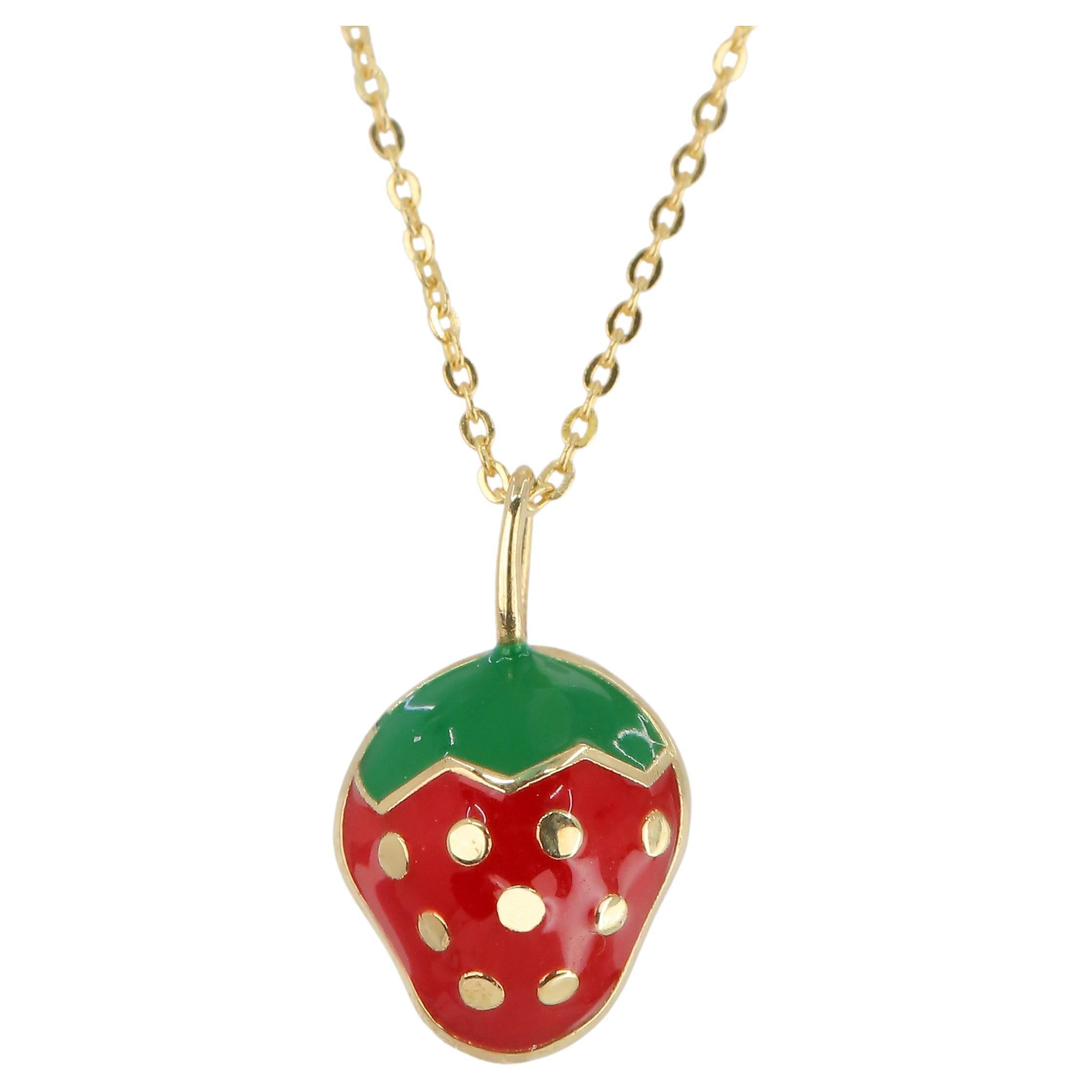 14K Gold Strawberry Necklace, Enamel Fruit Necklace For Sale