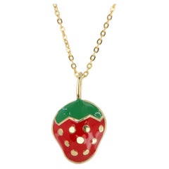 14K Gold Strawberry Necklace, Enamel Fruit Necklace