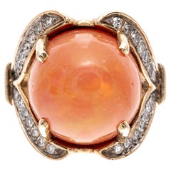 Vintage 14k Gold Stunning Orange Fire Opal (App. 10.9 CTS) And Diamond Ring