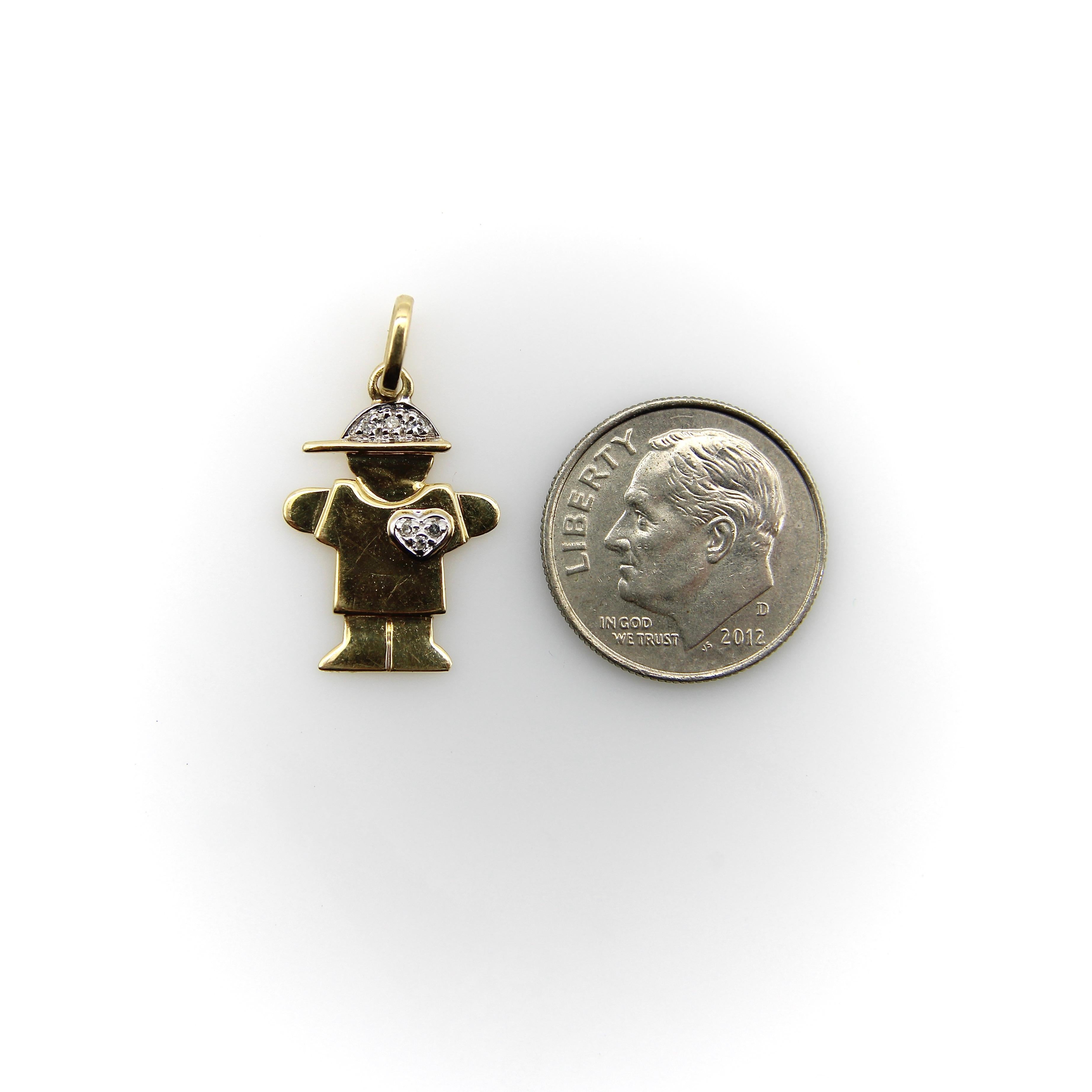 Taglio singolo Charm a forma di bambino stilizzato in oro 14k con diamanti in vendita
