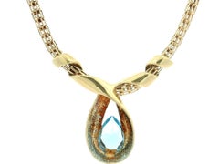 14k Gold Swiss Blue Topaz Diamond Floating Ribbon Slide Pendant Necklace Chain