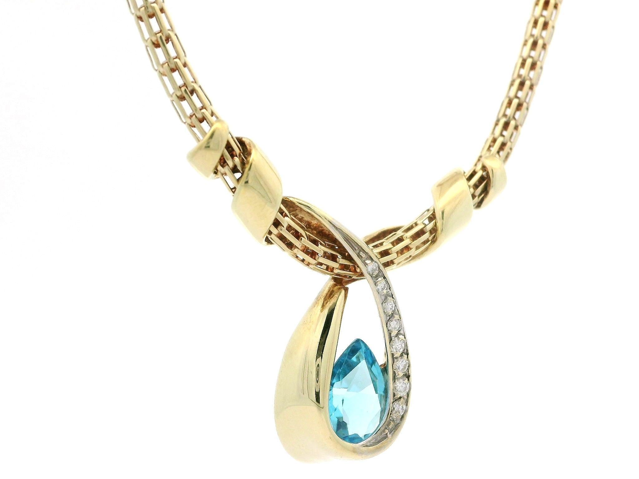 14k Gold Schweizer Blautopas Diamant Floating Ribbon Slide Anhänger Halskette Kette Damen im Angebot