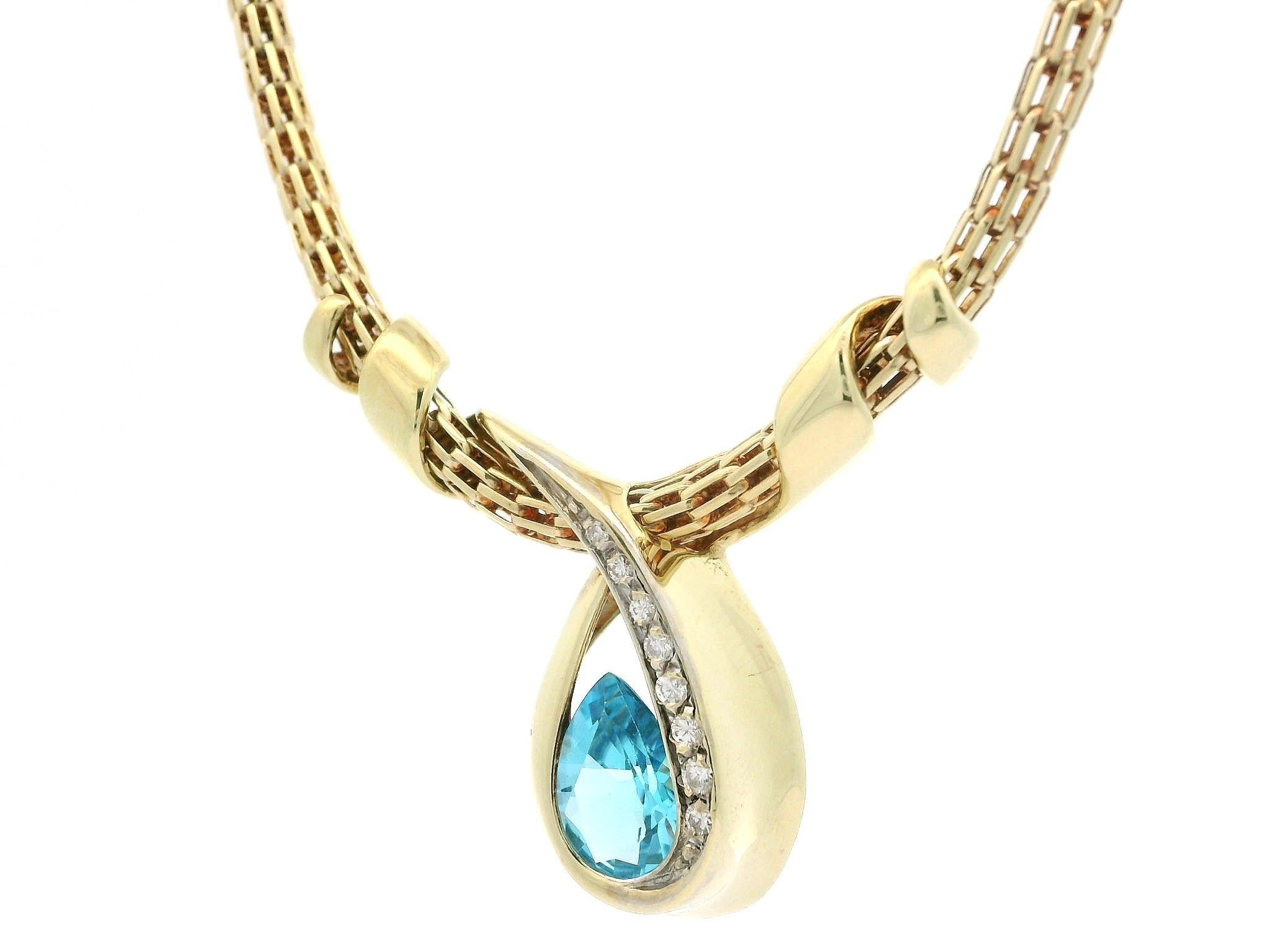 14k Gold Schweizer Blautopas Diamant Floating Ribbon Slide Anhänger Halskette Kette im Angebot 1