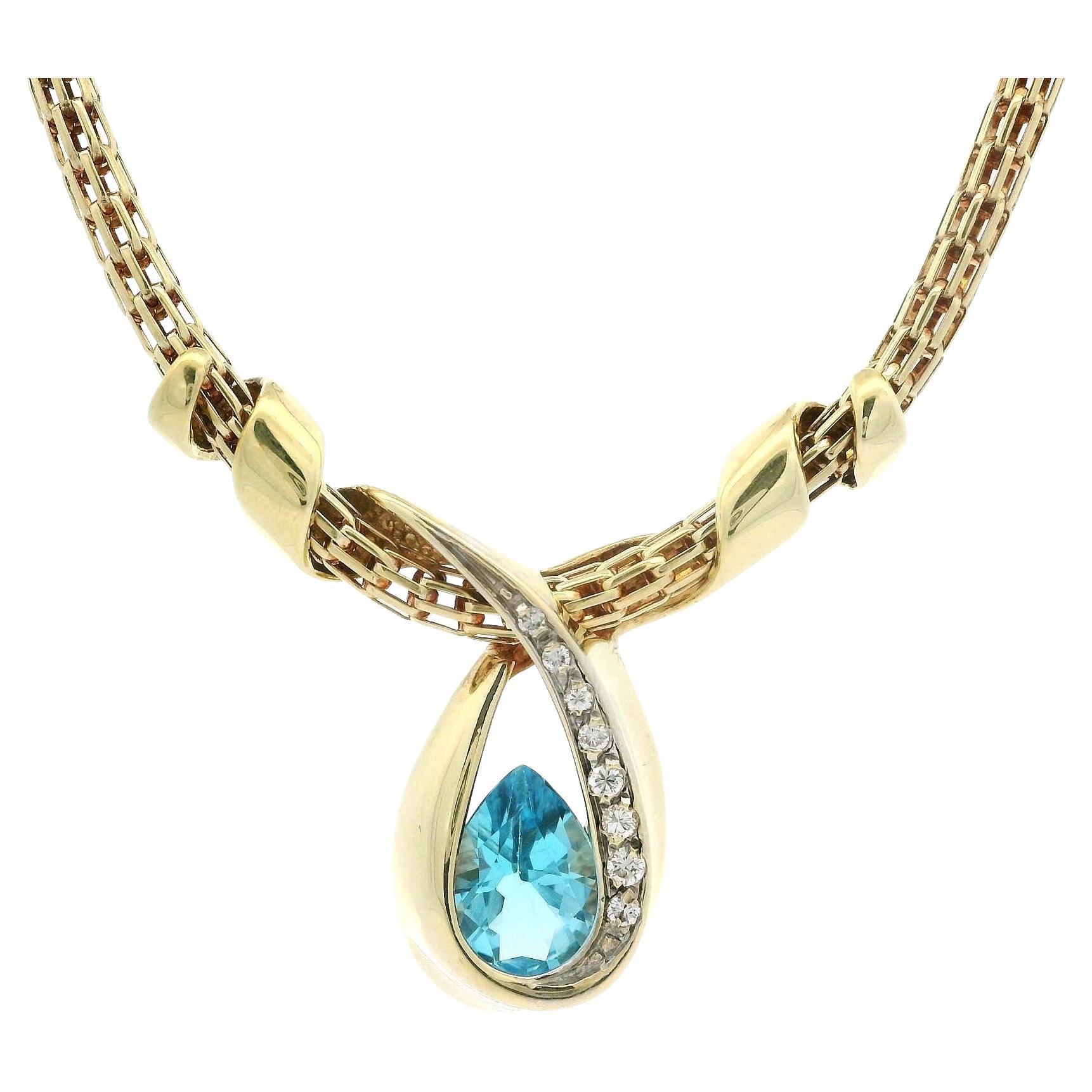 14k Gold Swiss Blue Topaz Diamond Floating Ribbon Slide Pendant Necklace Chain