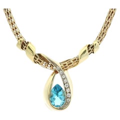 14k Gold Swiss Blue Topaz Diamond Floating Ribbon Slide Pendant Necklace Chain