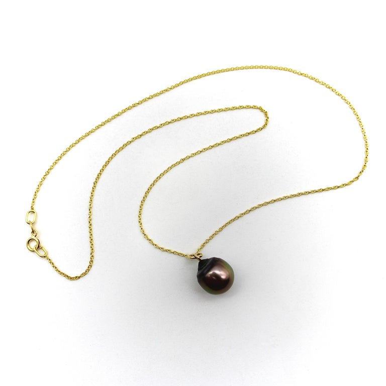 14k Gold Tahitian South Sea Black Drop Pearl Pendant Necklace For Sale