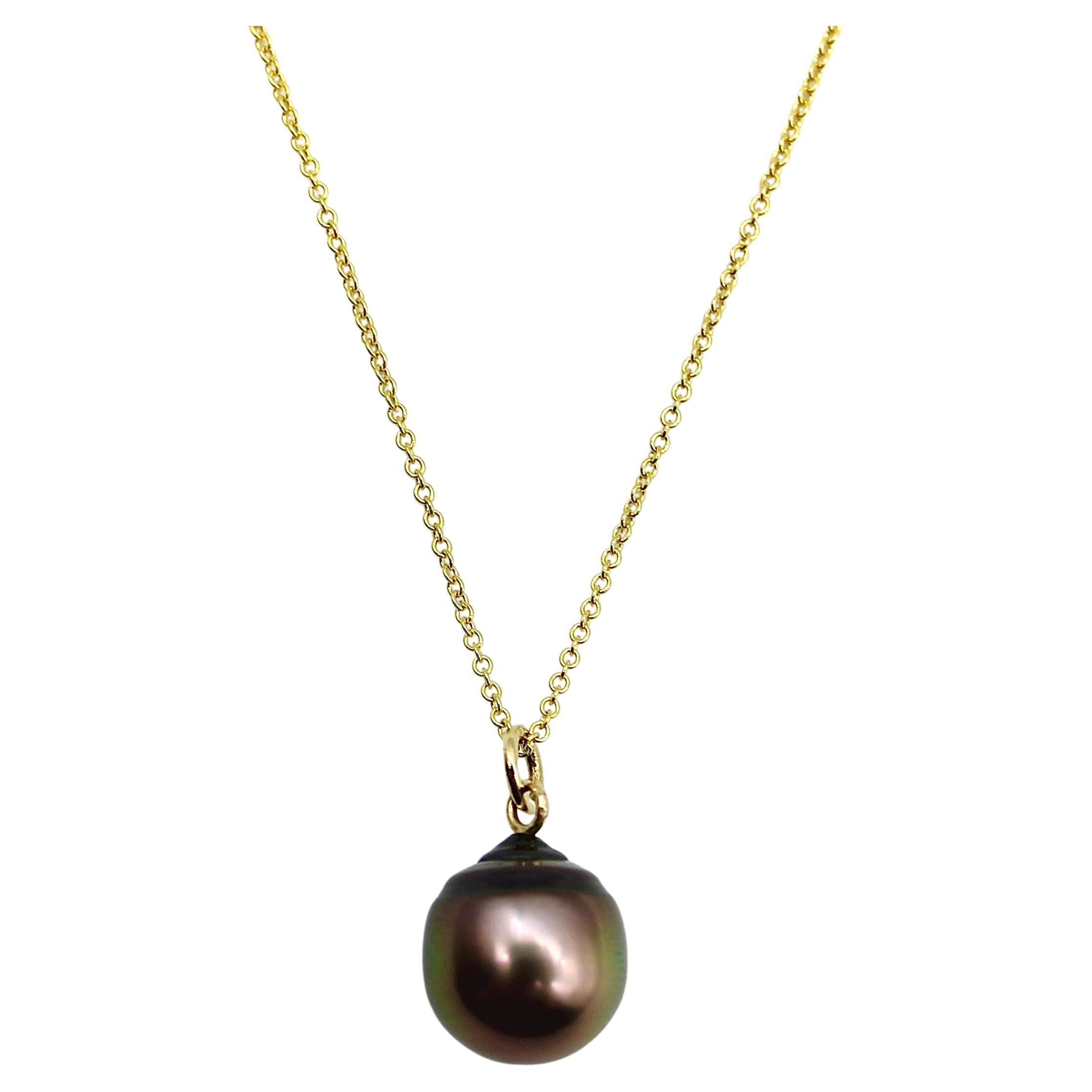 14k Gold Tahitian South Sea Black Drop Pearl Pendant Necklace  For Sale