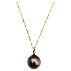 14k Gold Tahitian South Sea Black Drop Pearl Pendant Necklace 