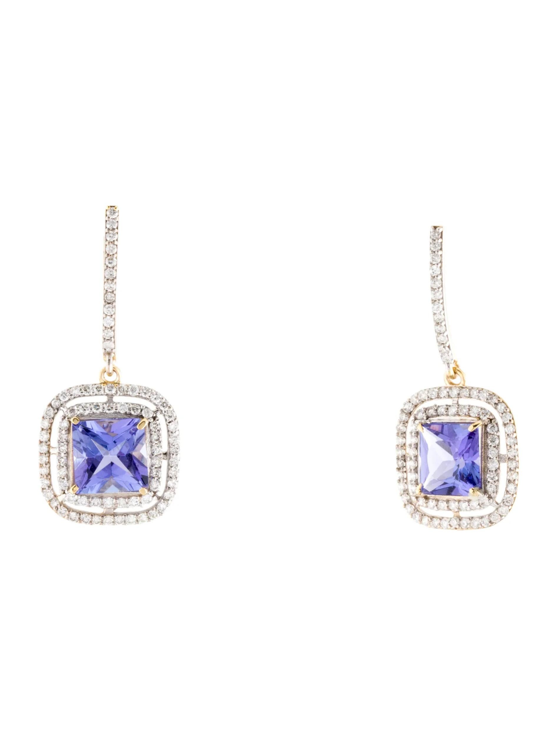 Square Cut 14K Tanzanite & Diamond Drop Earrings - Exquisite Sparkle, Timeless Elegance For Sale