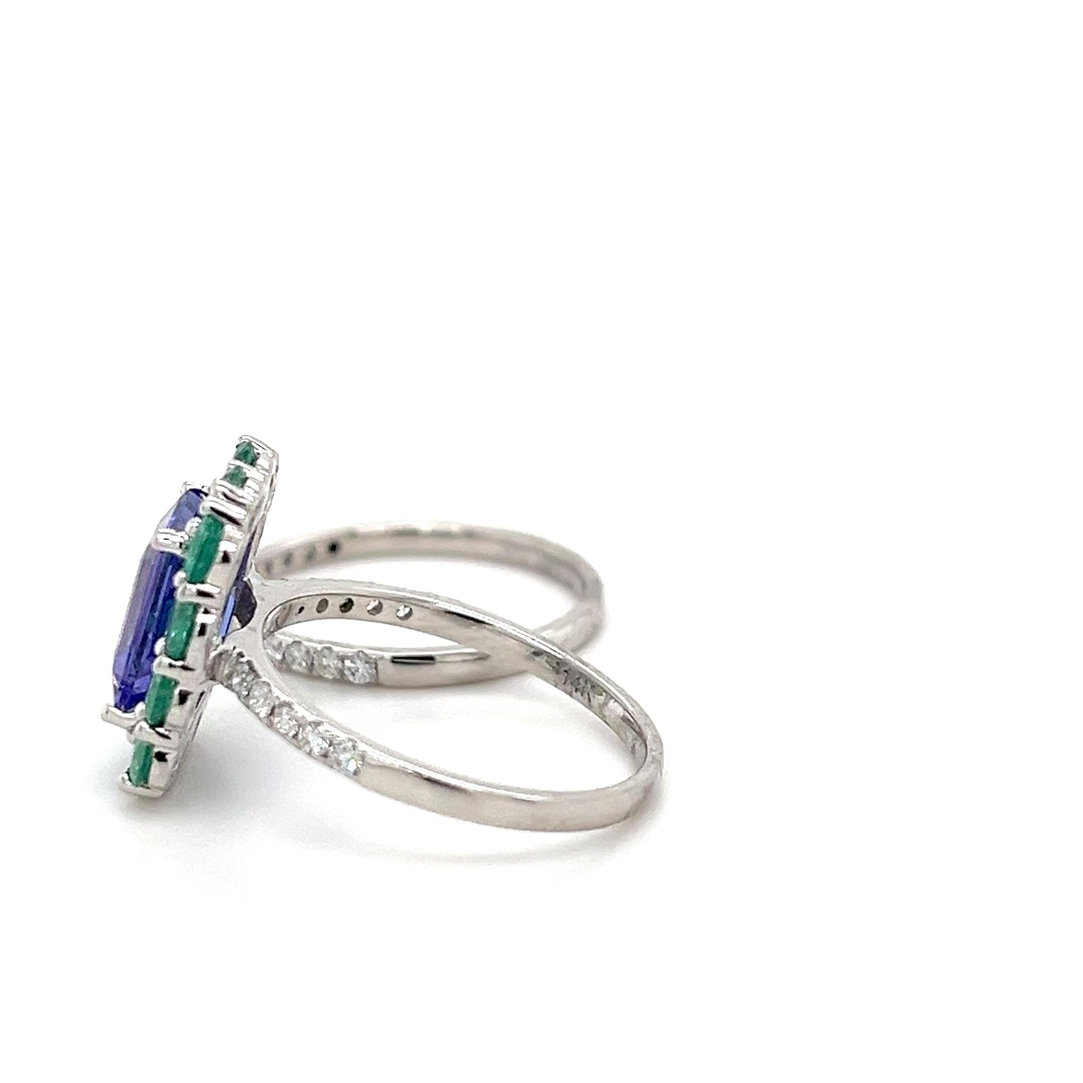 Art Deco 14k Gold Tanzanite With Emerald Diamond Cocktail Engagement Halo Bridal Ring Set