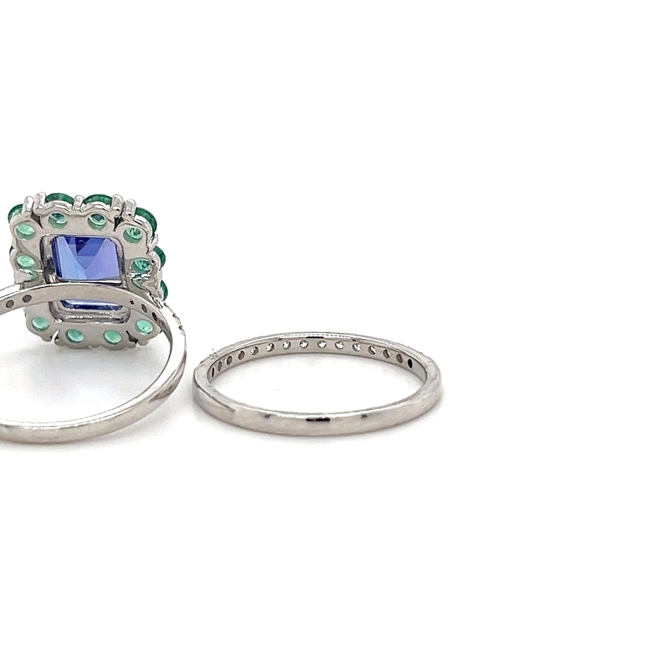 Octagon Cut 14k Gold Tanzanite With Emerald Diamond Cocktail Engagement Halo Bridal Ring Set