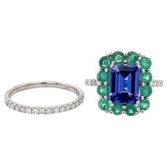 14k Gold Tanzanite With Emerald Diamond Cocktail Engagement Halo Bridal Ring Set
