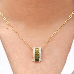 14K Gold Taper Baguette Peridot Green Tourmaline Art Deco Diamond Pendant