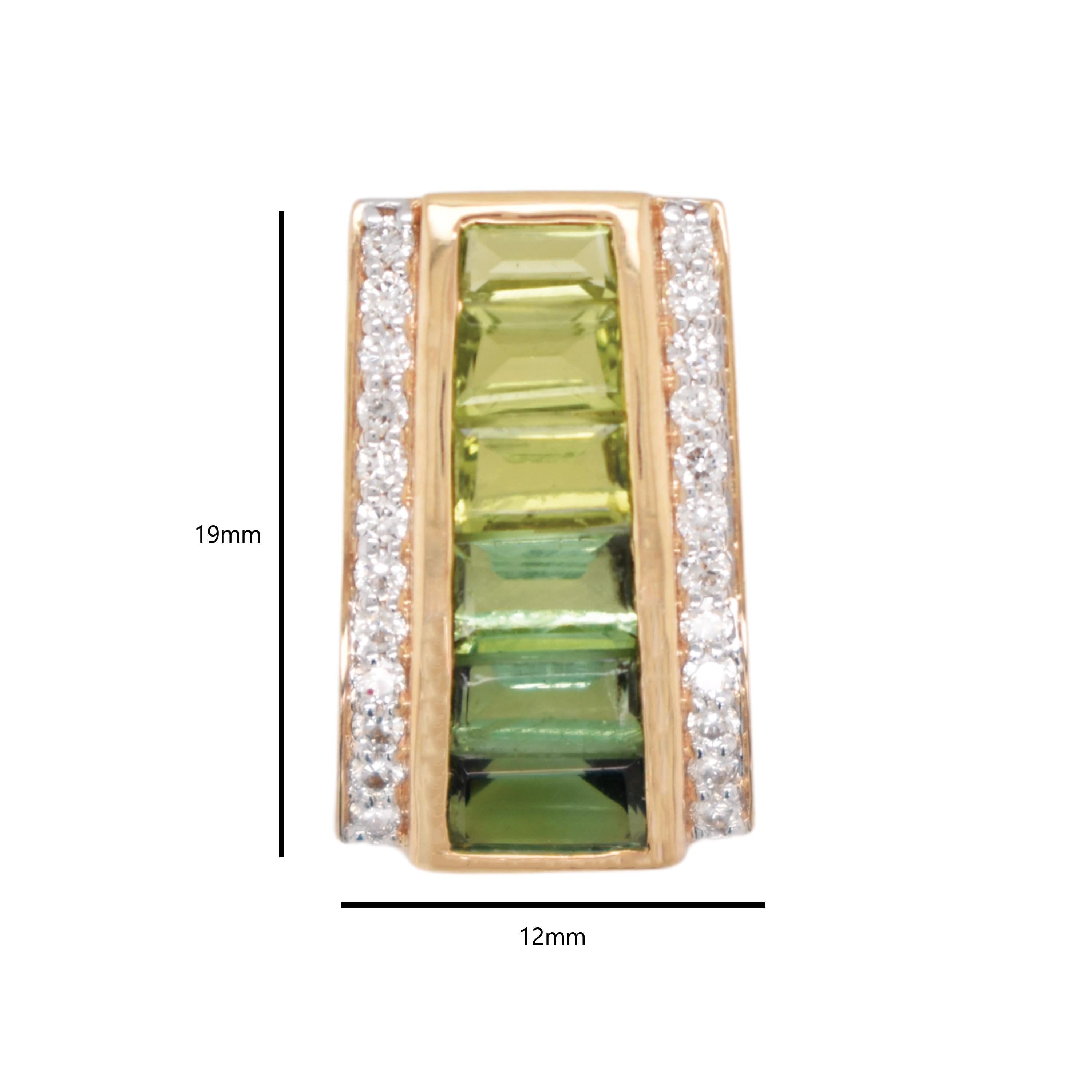 Contemporary 14K Gold Taper Baguette Peridot Green Tourmaline Art Deco Diamond Pendant For Sale