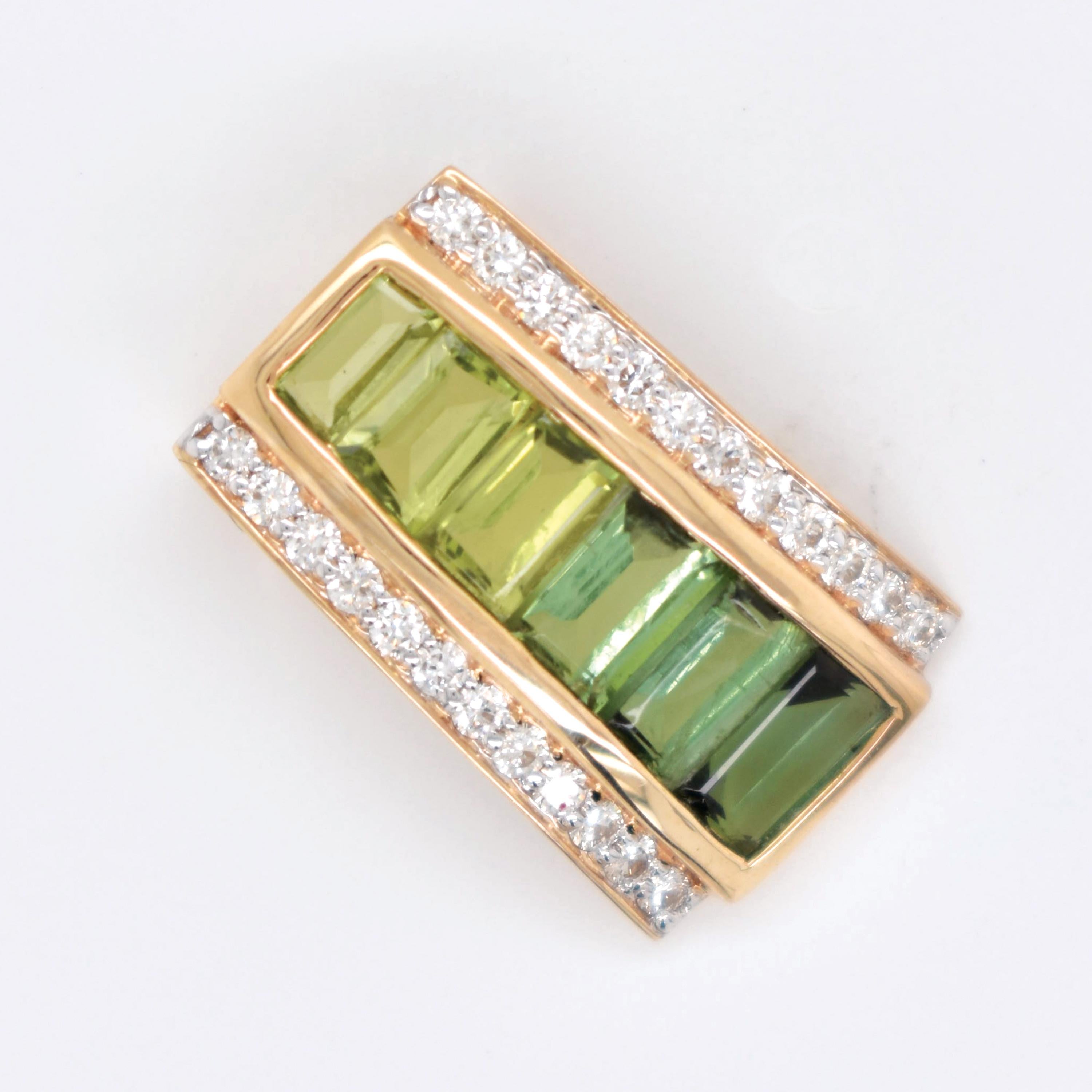 Tapered Baguette 14K Gold Taper Baguette Peridot Green Tourmaline Art Deco Diamond Pendant For Sale