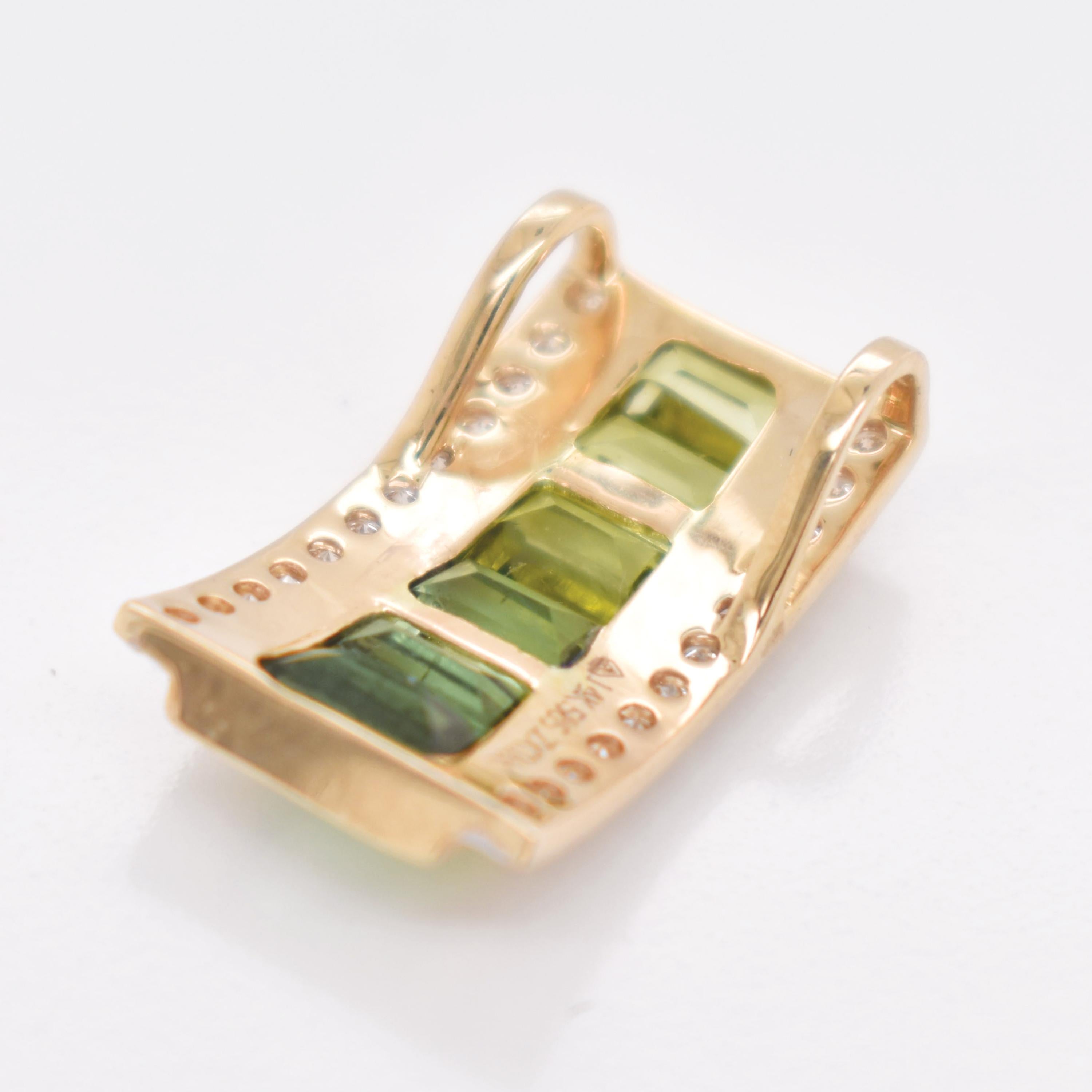 14K Gold Taper Baguette Peridot Green Tourmaline Art Deco Diamond Pendant In New Condition For Sale In Jaipur, Rajasthan