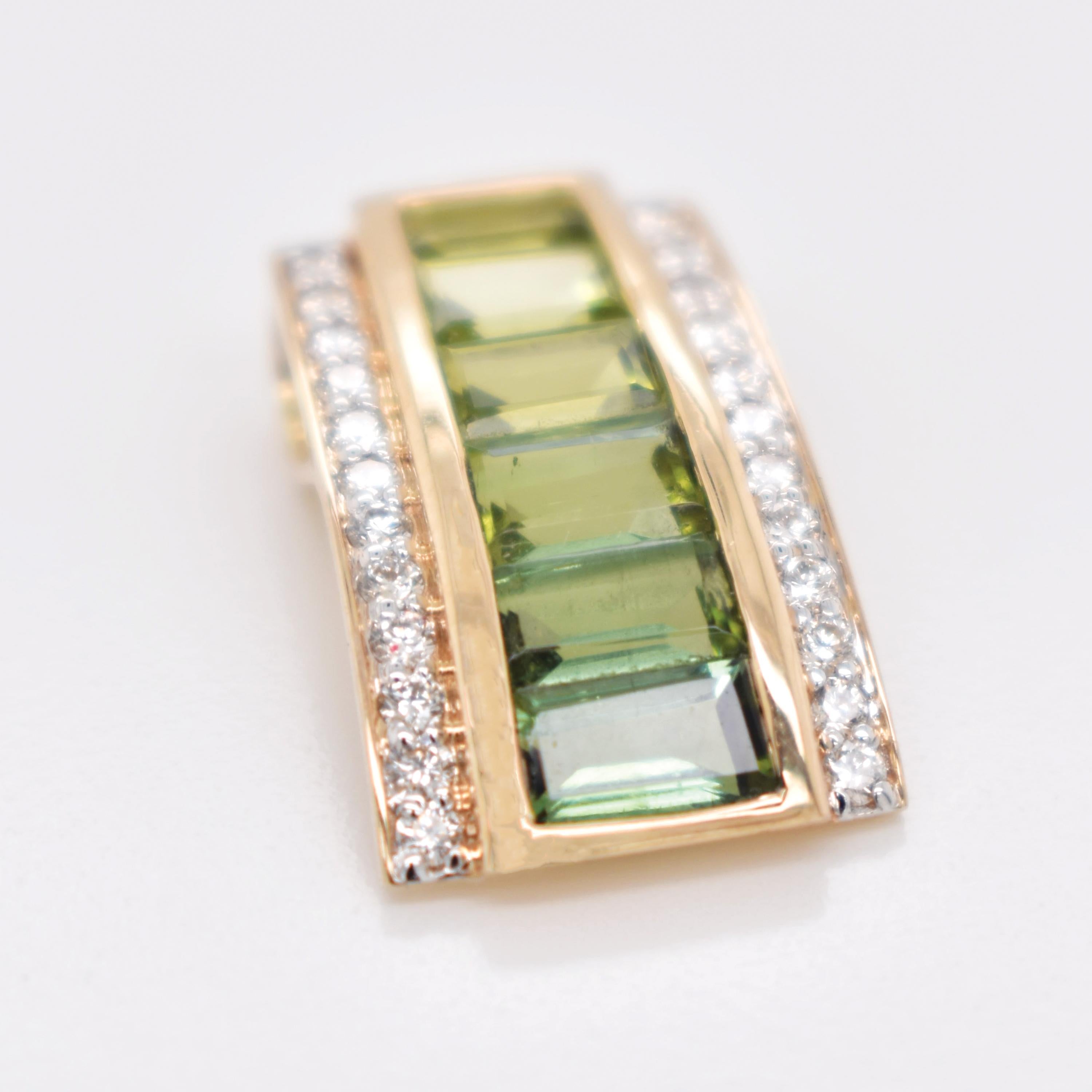 Women's 14K Gold Taper Baguette Peridot Green Tourmaline Art Deco Diamond Pendant For Sale
