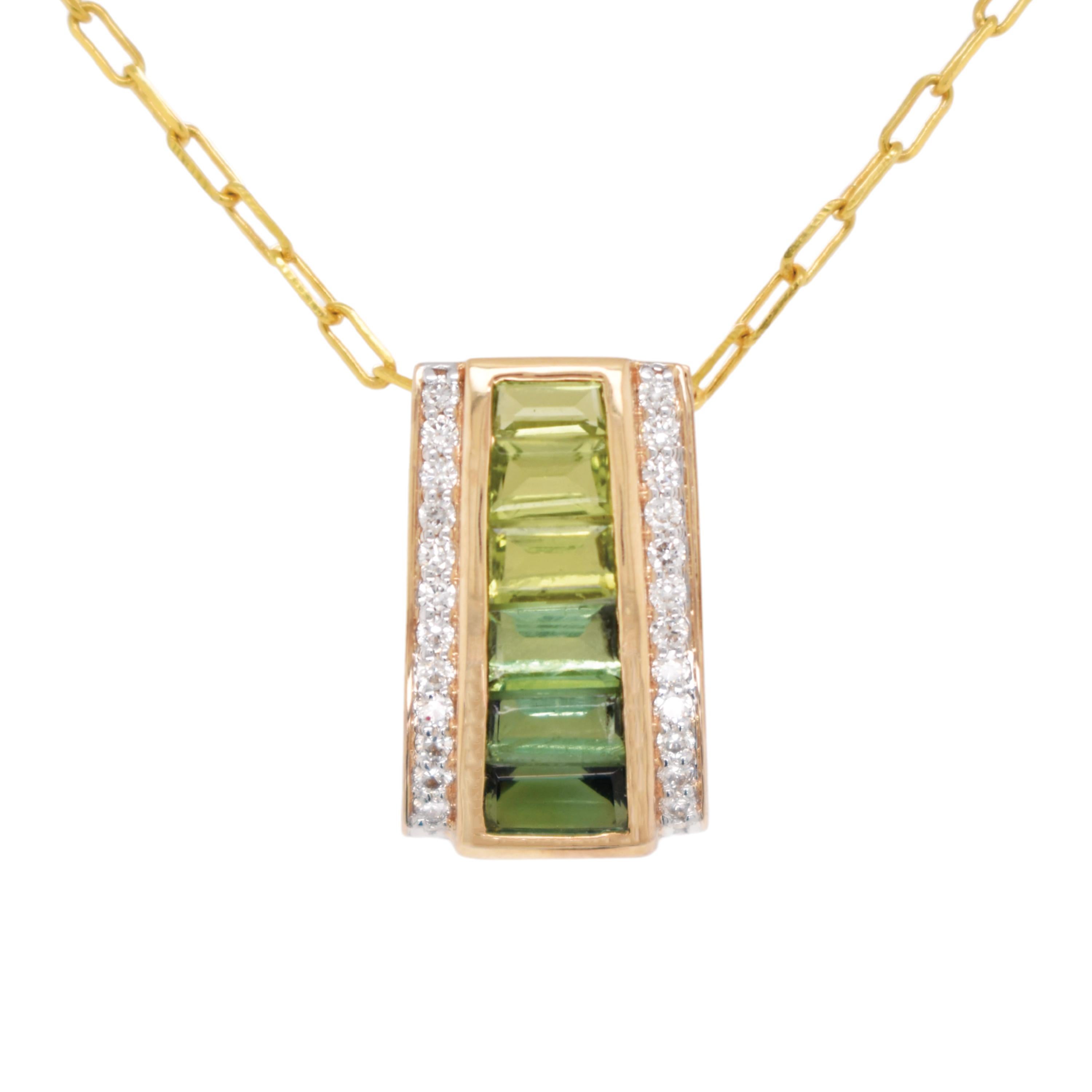 14K Gold Taper Baguette Peridot Green Tourmaline Art Deco Diamond Pendant For Sale 1