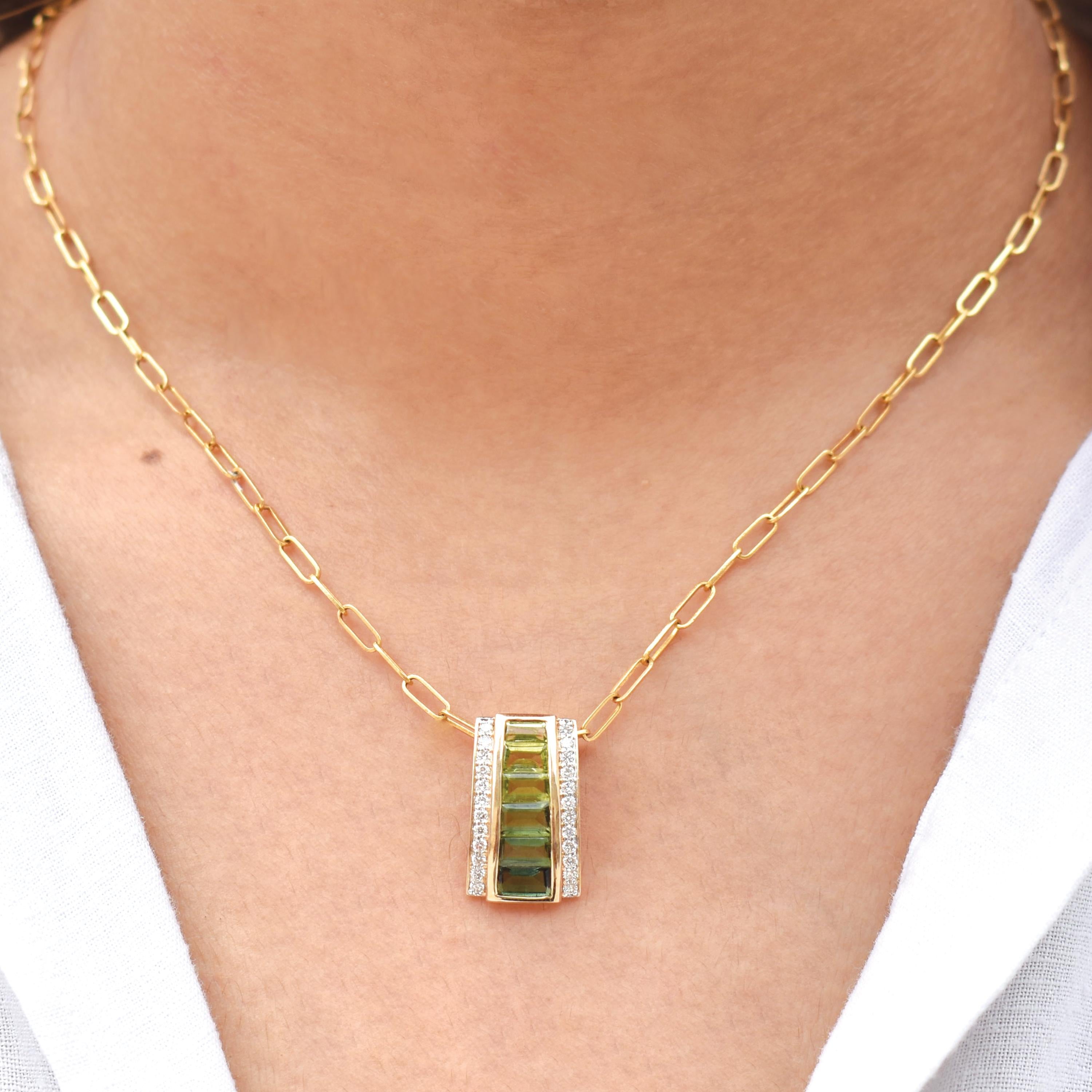 14K Gold Taper Baguette Peridot Green Tourmaline Art Deco Diamond Pendant For Sale 2