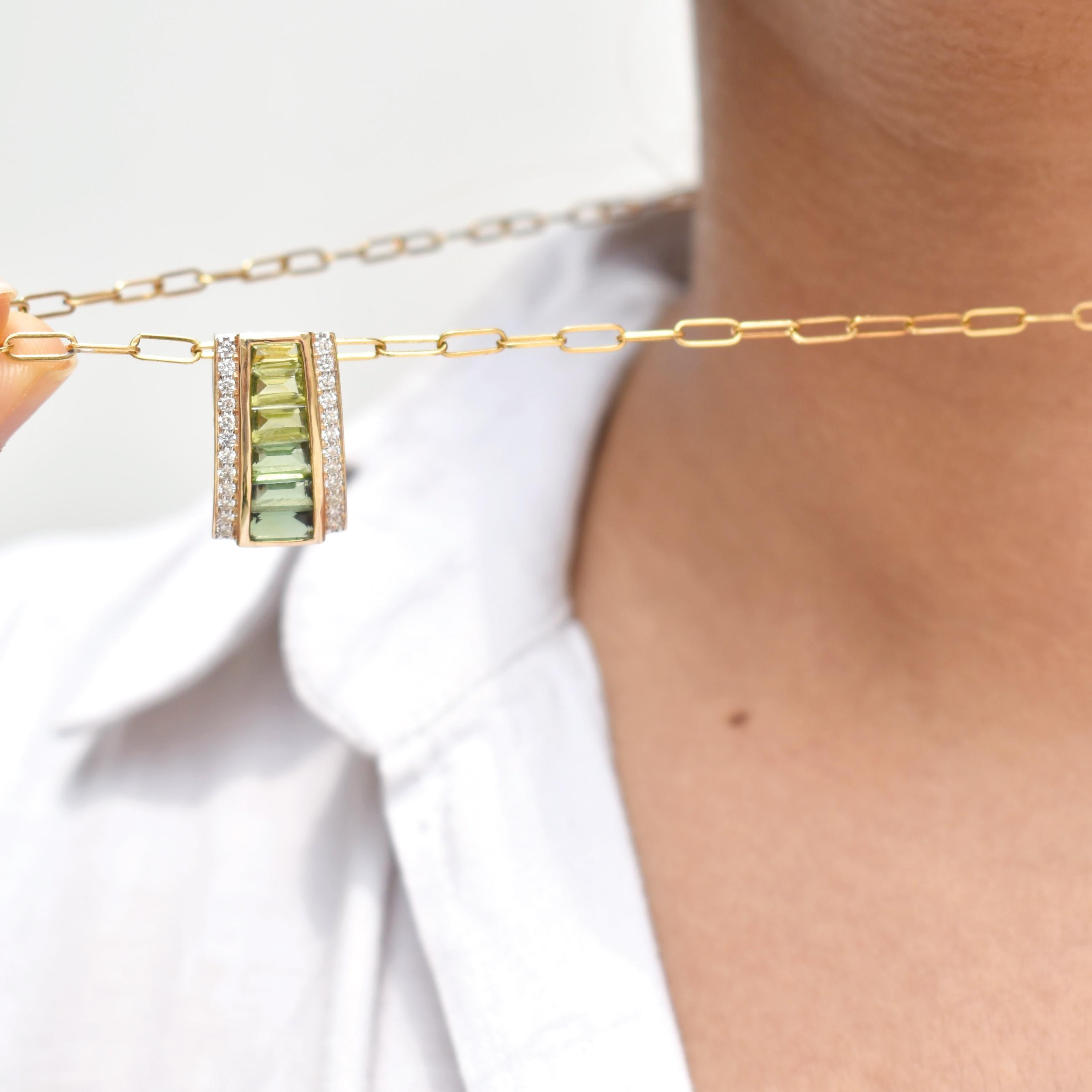 14K Gold Taper Baguette Peridot Green Tourmaline Art Deco Diamond Pendant For Sale 3