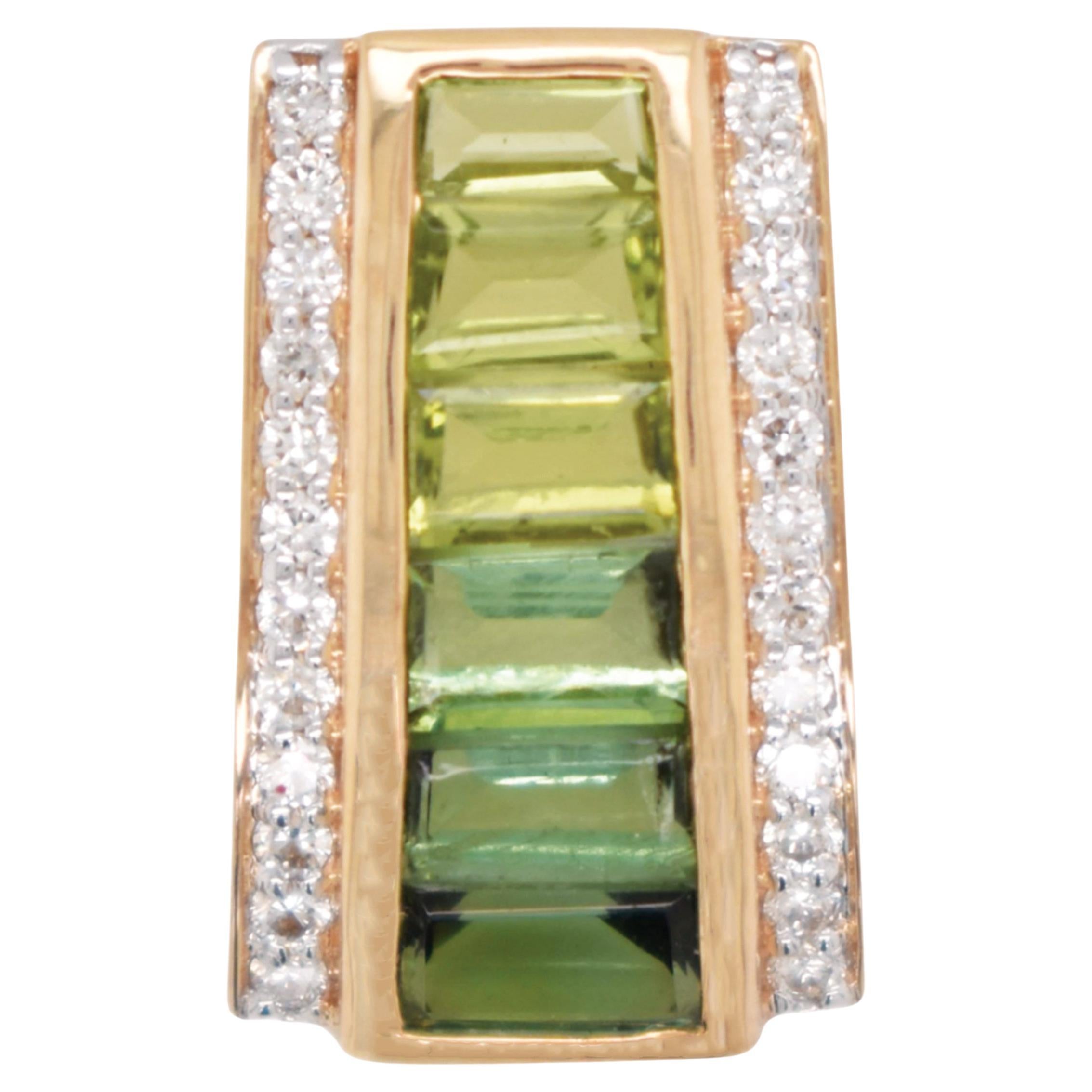14K Gold Taper Baguette Peridot Green Tourmaline Art Deco Diamond Pendant For Sale