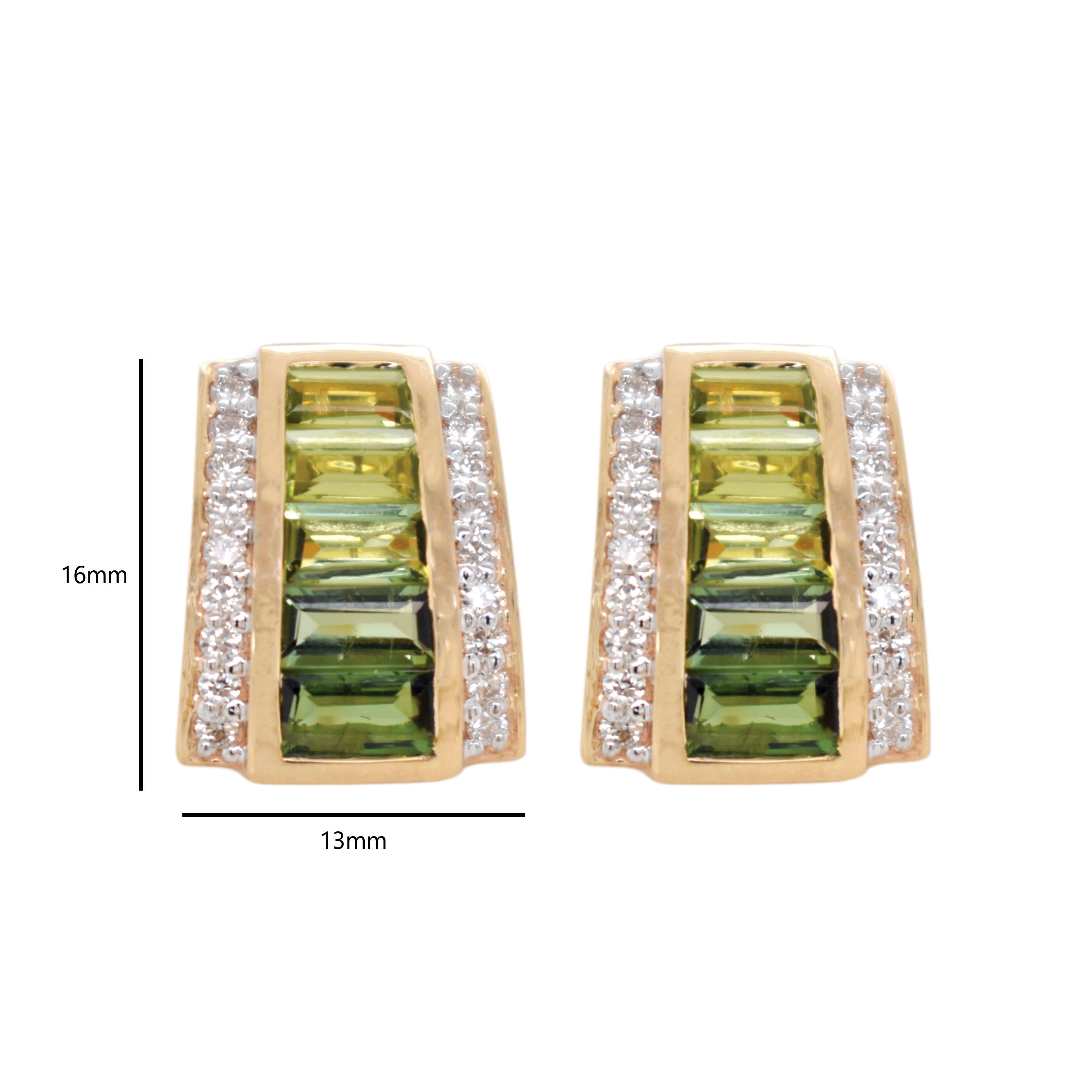 Baguette Cut 14K Gold Taper Baguette Peridot Green Tourmaline Art Deco Diamond Stud Earrings For Sale