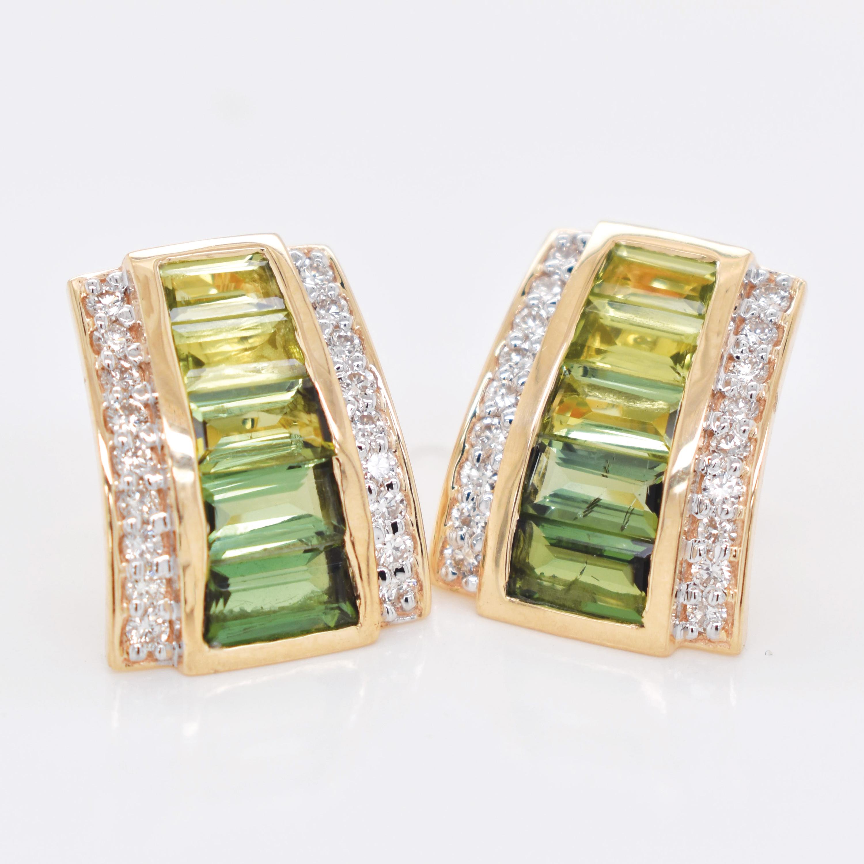 Women's 14K Gold Taper Baguette Peridot Green Tourmaline Art Deco Diamond Stud Earrings For Sale