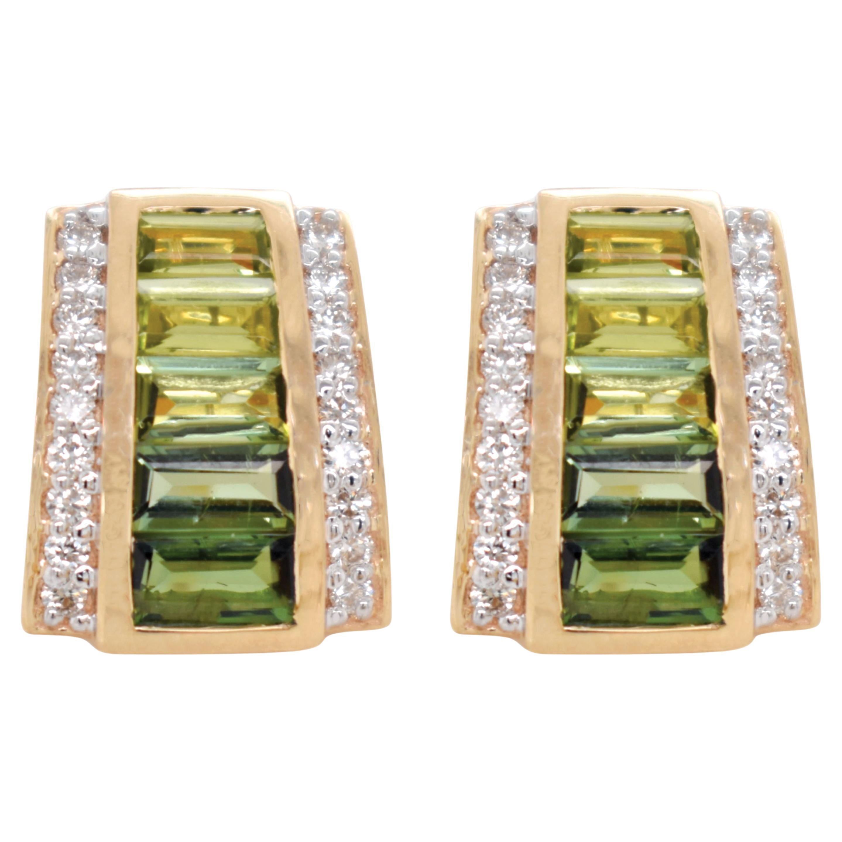 14K Gold Taper Baguette Peridot Green Tourmaline Art Deco Diamond Stud Earrings For Sale