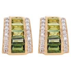 14K Gold Taper Baguette Peridot Green Tourmaline Art Deco Diamond Stud Earrings