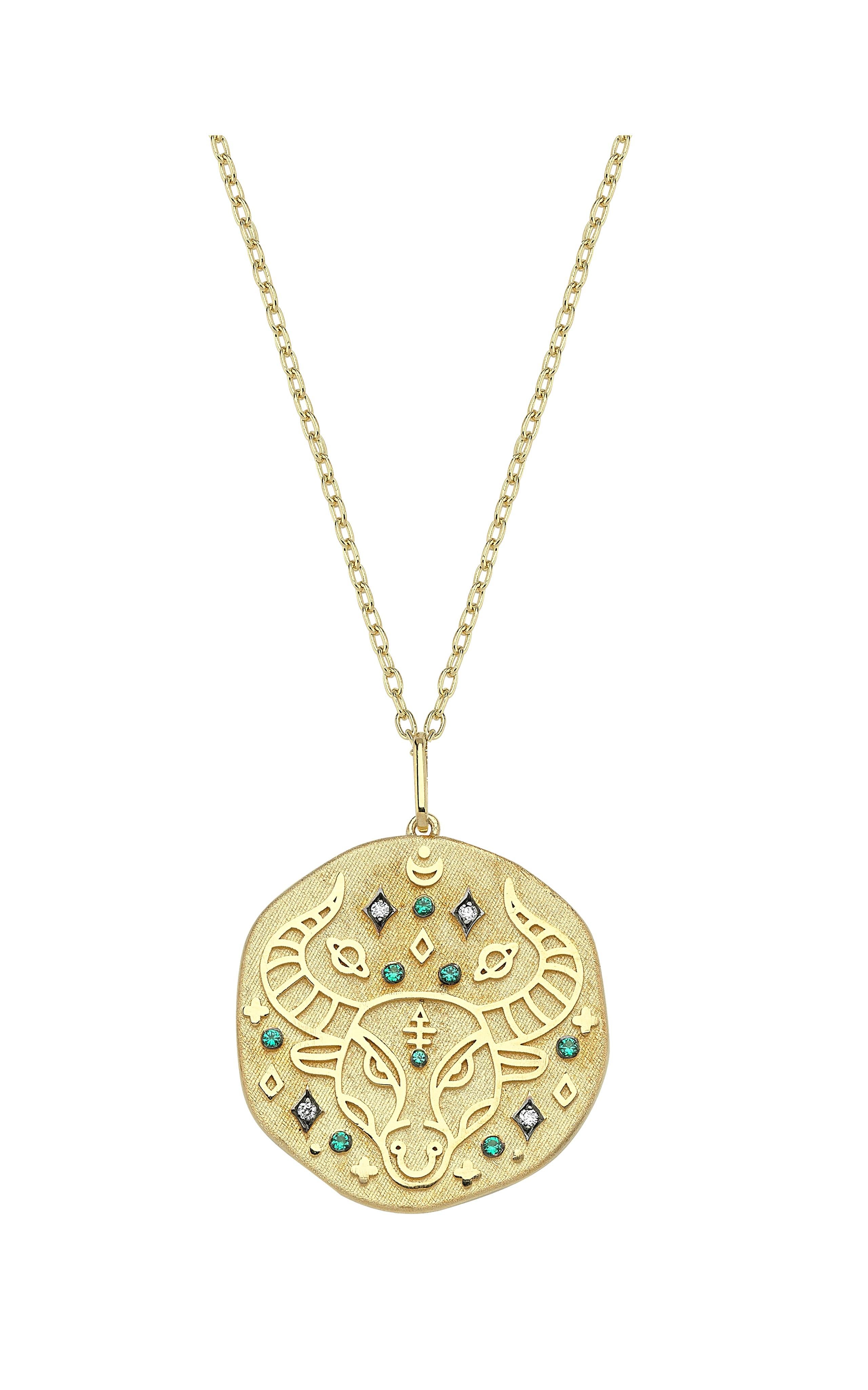 Modern 14k Gold Taurus Medallion Zodiac Necklace with 0.03 ct Diamond & 0.07 ct Emerald For Sale