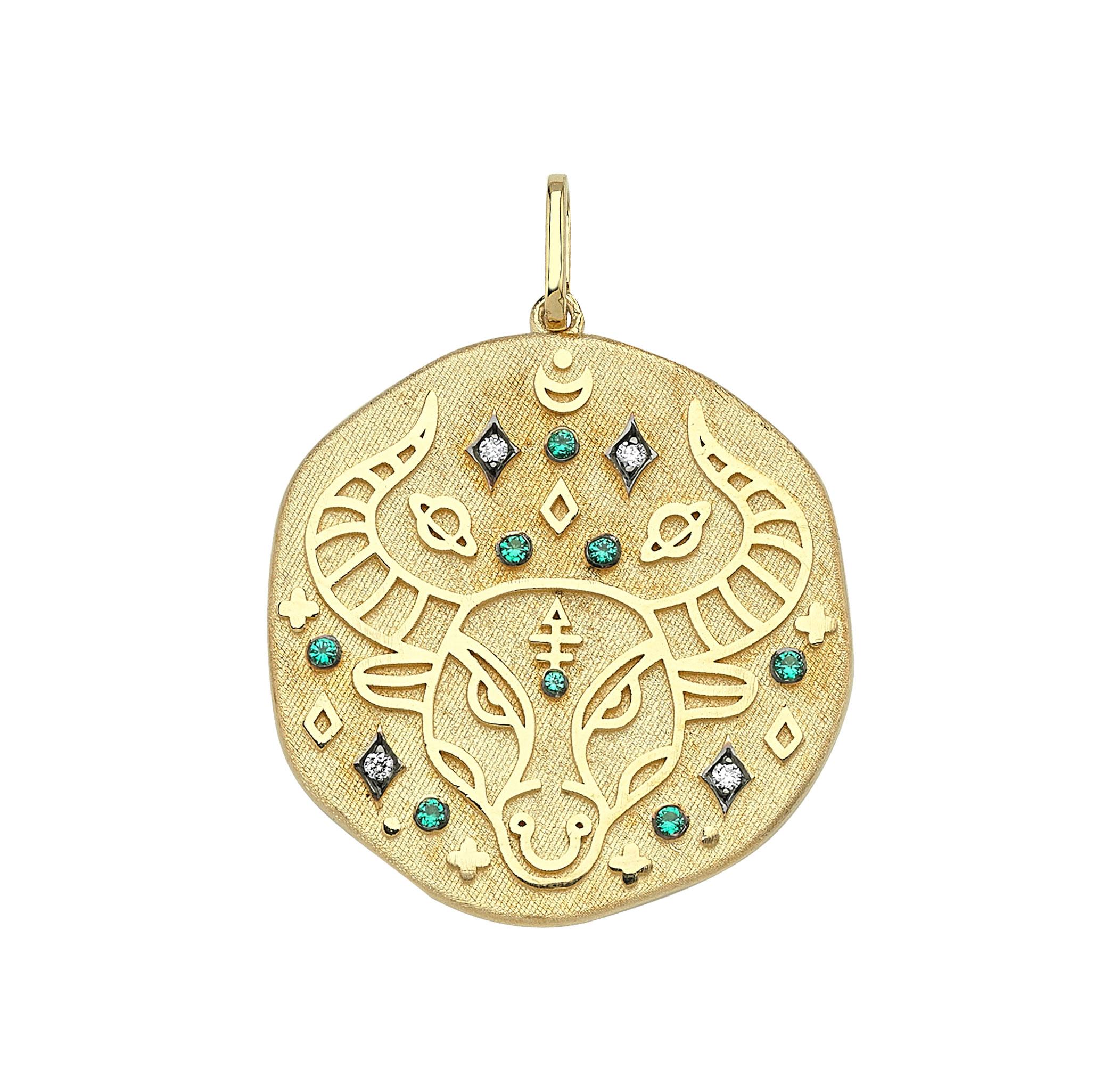 Brilliant Cut 14k Gold Taurus Medallion Zodiac Necklace with 0.03 ct Diamond & 0.07 ct Emerald For Sale
