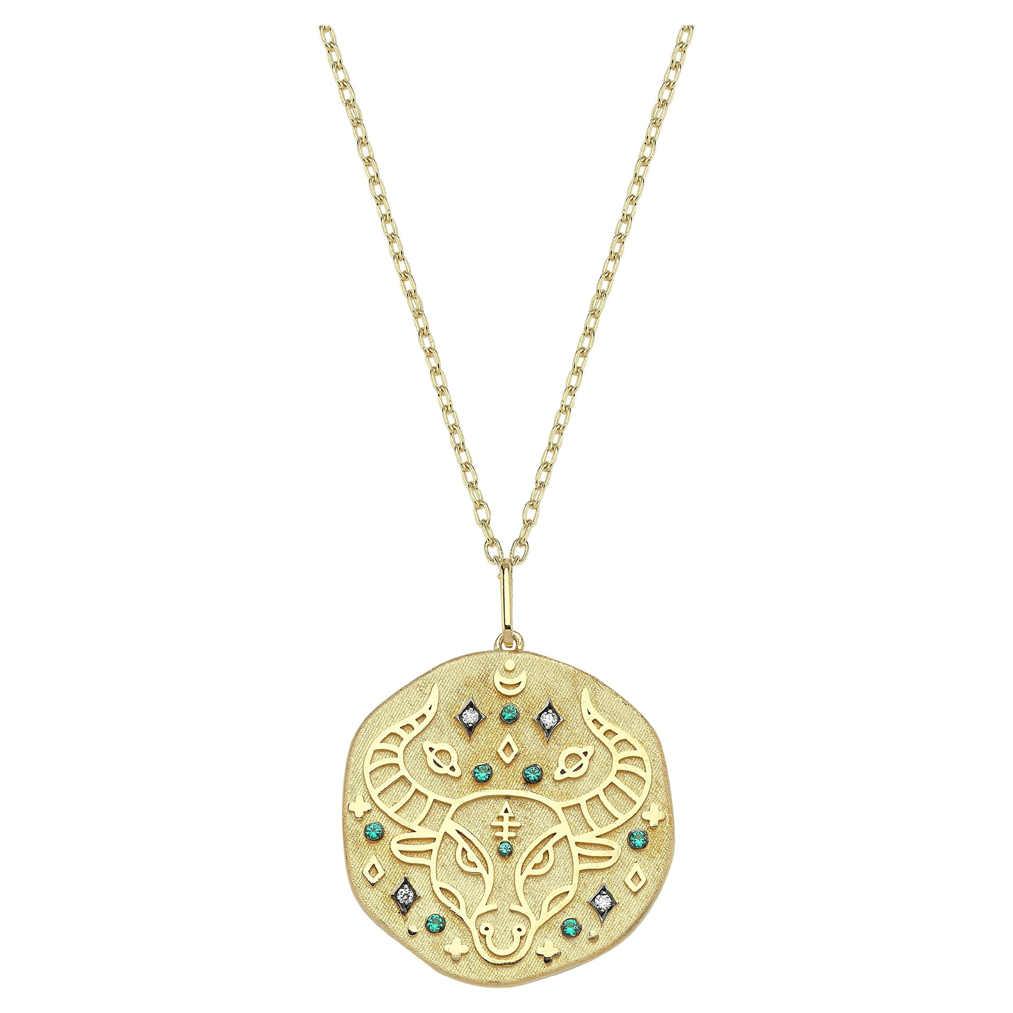 14k Gold Taurus Medallion Zodiac Necklace with 0.03 ct Diamond & 0.07 ct Emerald For Sale