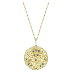 14k Gold Taurus Medallion Zodiac Necklace with 0.03 ct Diamond & 0.07 ct Emerald