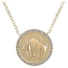 14K Gold Taurus Zodiac Necklace – Diamond 3D Bull Medallion Adjustable Chain