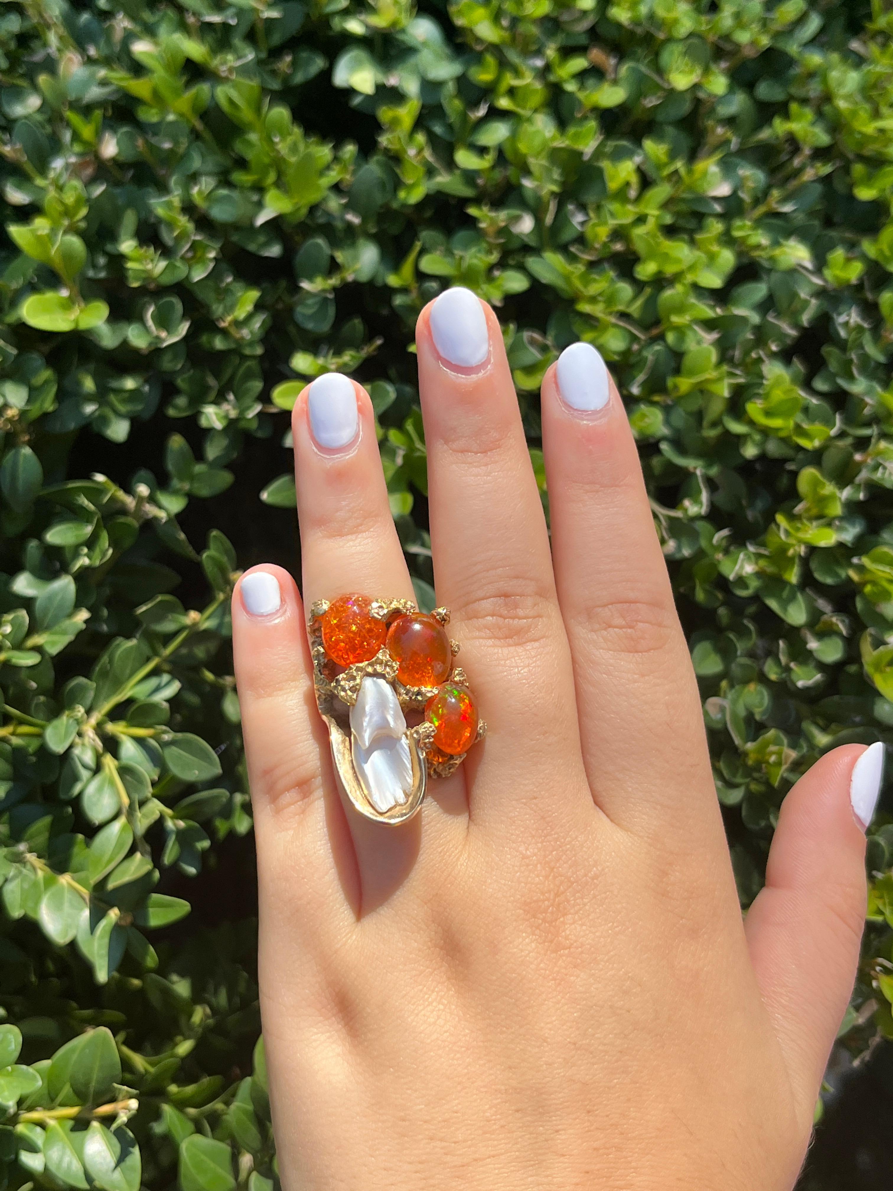 Art Deco 14k Gold Textured Coral Reef Motif Ring with Mexican Fire Opal & Mother of Pearl For Sale