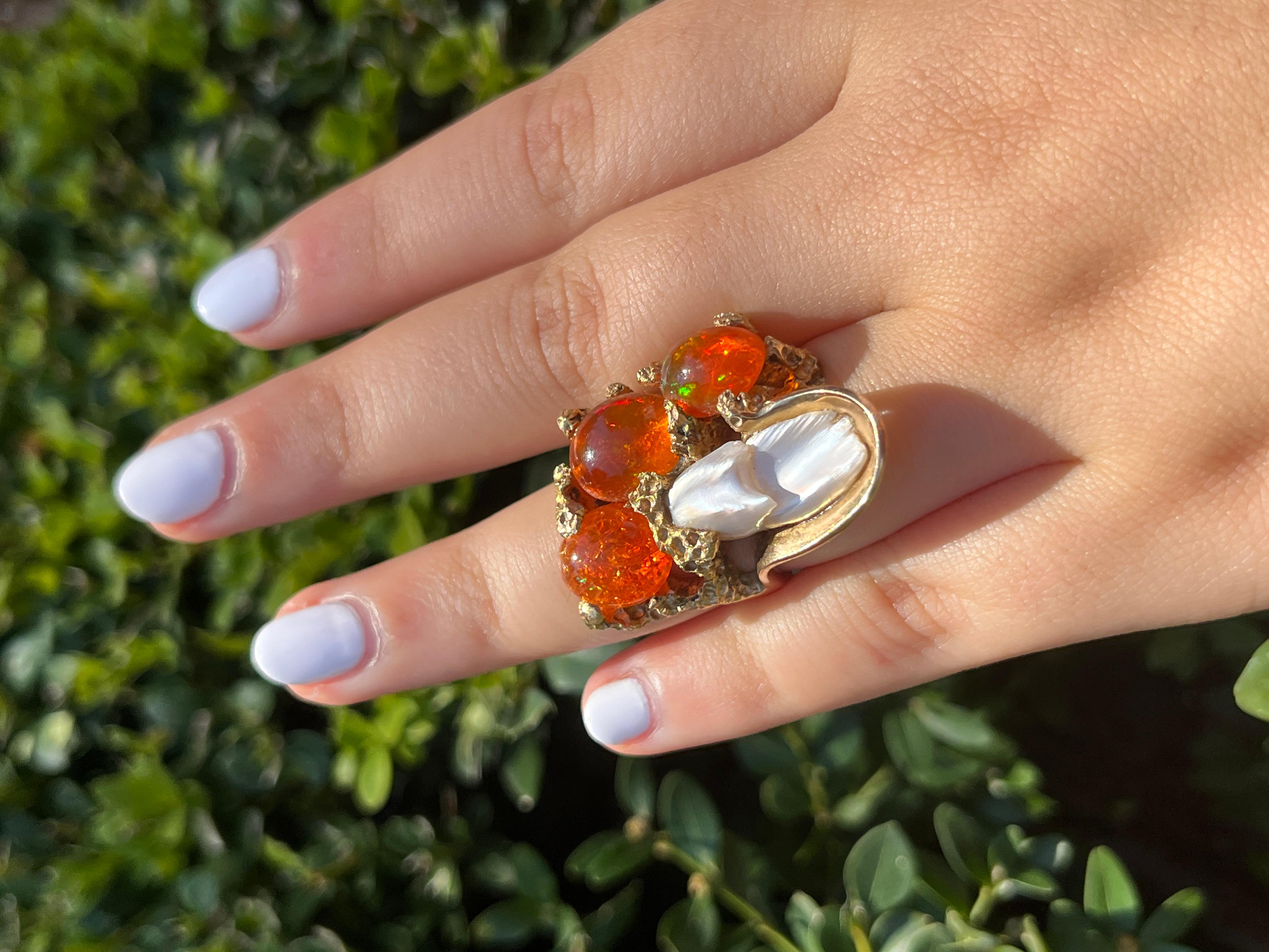 Cabochon 14k Gold Textured Coral Reef Motif Ring with Mexican Fire Opal & Mother of Pearl For Sale