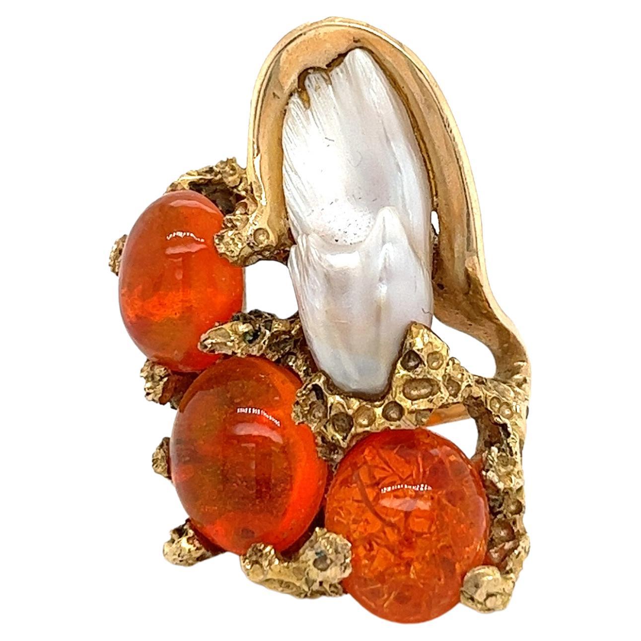 14k Gold Textured Coral Reef Motif Ring with Mexican Fire Opal & Mother of Pearl For Sale