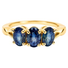 14-Karat-Gold-Ring mit drei blauen Saphiren, 1,65 Karat, Jubiläumsring mit blauen Saphiren