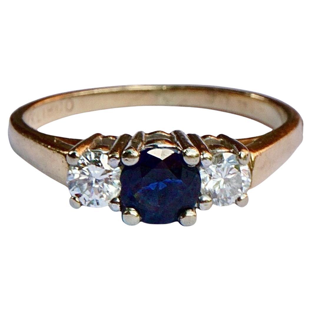 14K Gold Three Stone Diamond and Sapphire Ring