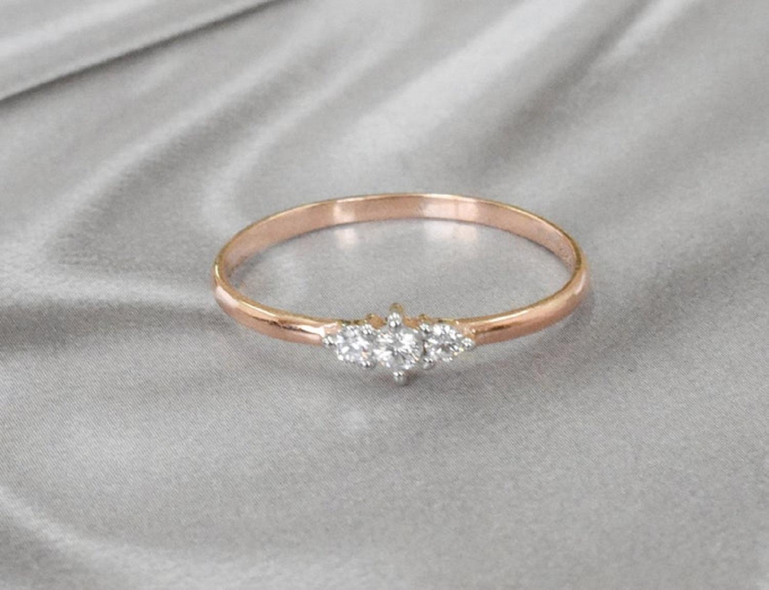 For Sale:  14k Gold Three Stone Diamond Engagement Ring Trio Diamond Ring 8