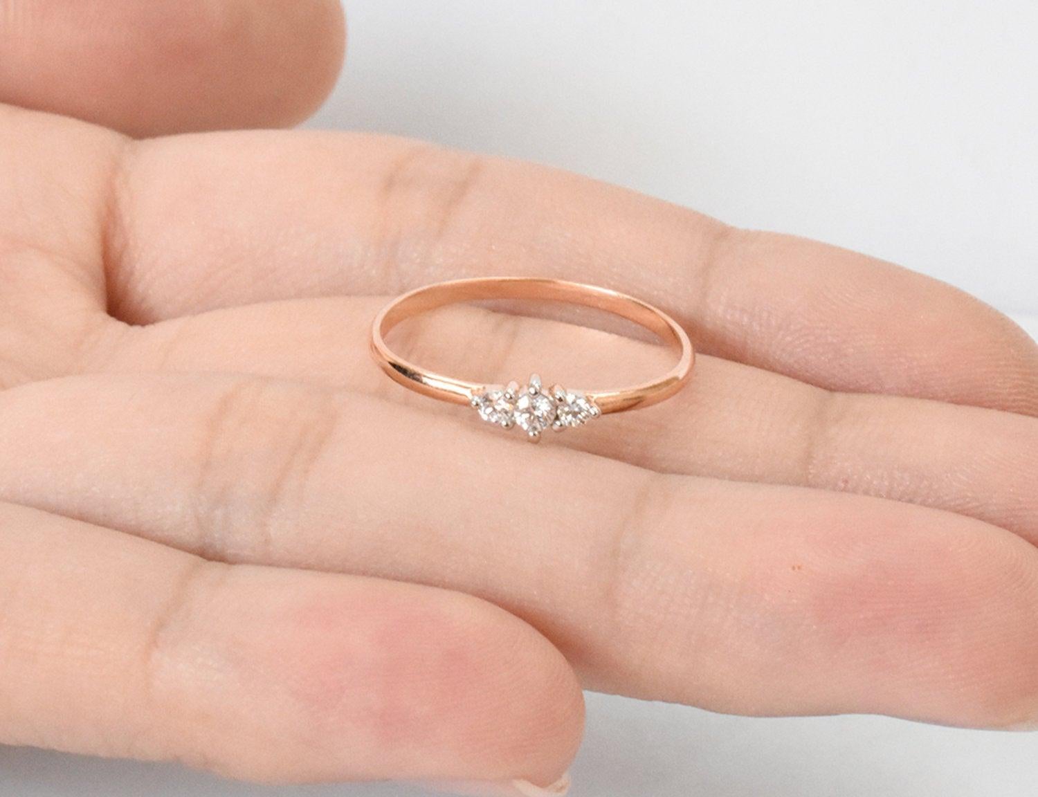 For Sale:  14k Gold Three Stone Diamond Engagement Ring Trio Diamond Ring 9