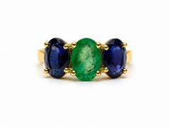 14K Gold Three Stone Emerald Sapphire Ring 0.85 Ct Emerald 1.90 Ct Sapphire Ring