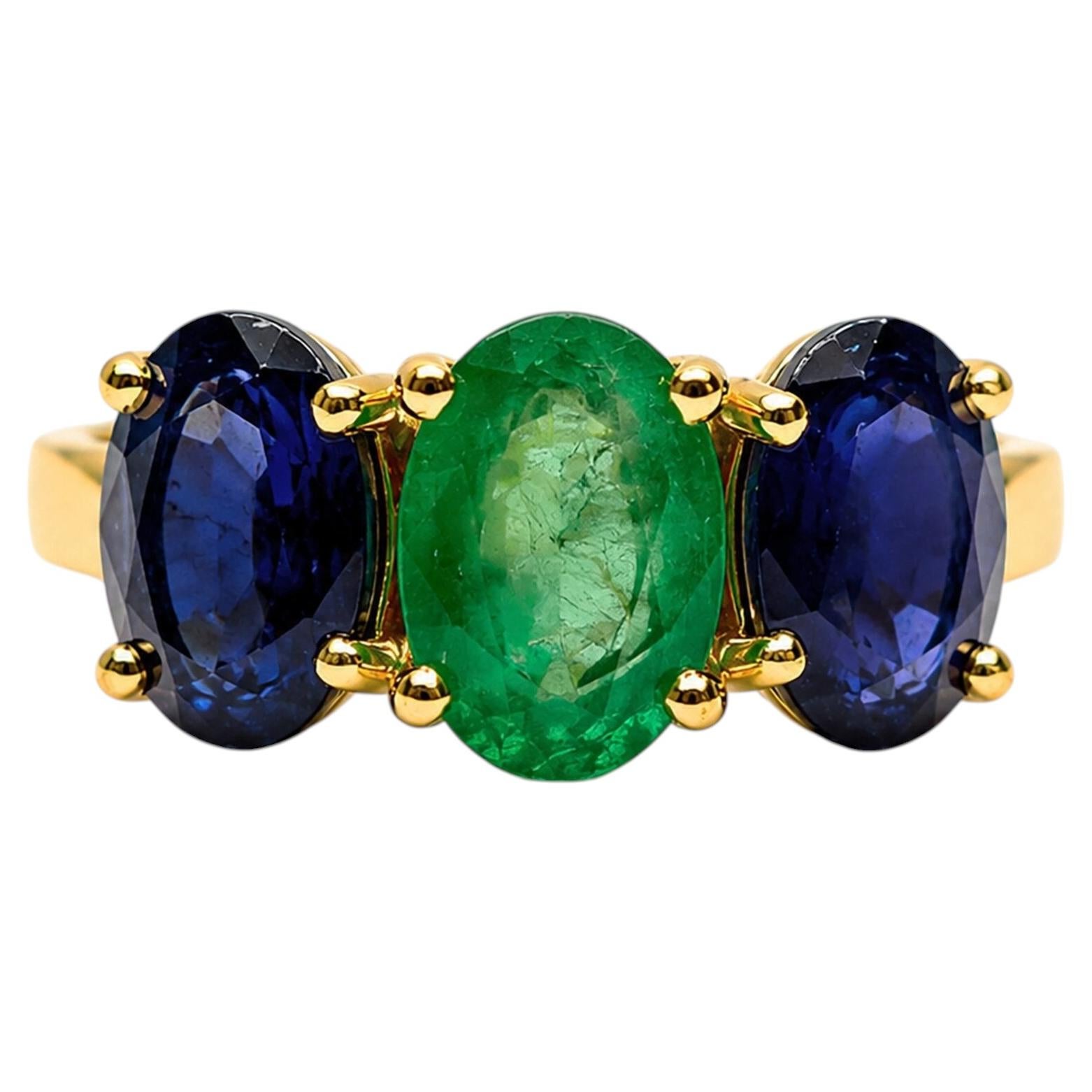 14K Gold Three Stone Emerald Sapphire Ring 0.85 Ct Emerald 1.90 Ct Sapphire Ring